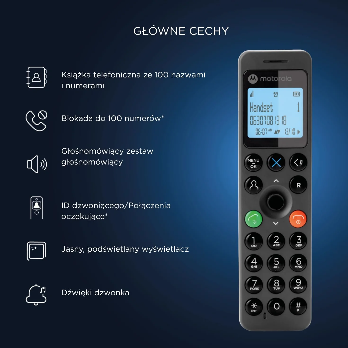 Motorola DOT201 bezprzewodowy telefon cyfrowy, głośnik głośnomówiący, blokada połączeń, 100 kontaktów, czarny