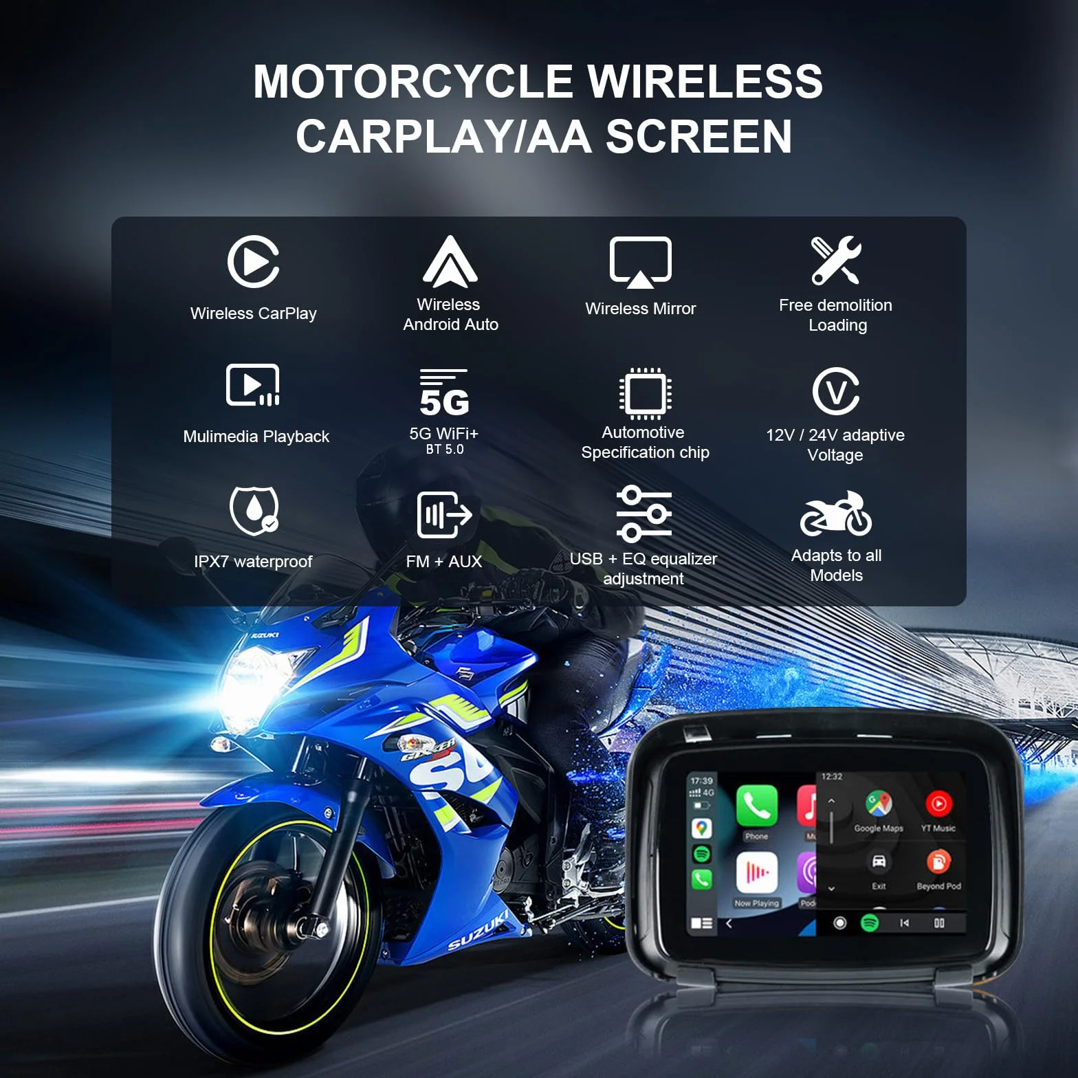 KAOLALI Bezprzewodowa nawigacja GPS Carplay 5-calowy ekran dotykowy IPX7 wodoodporna motocykl
