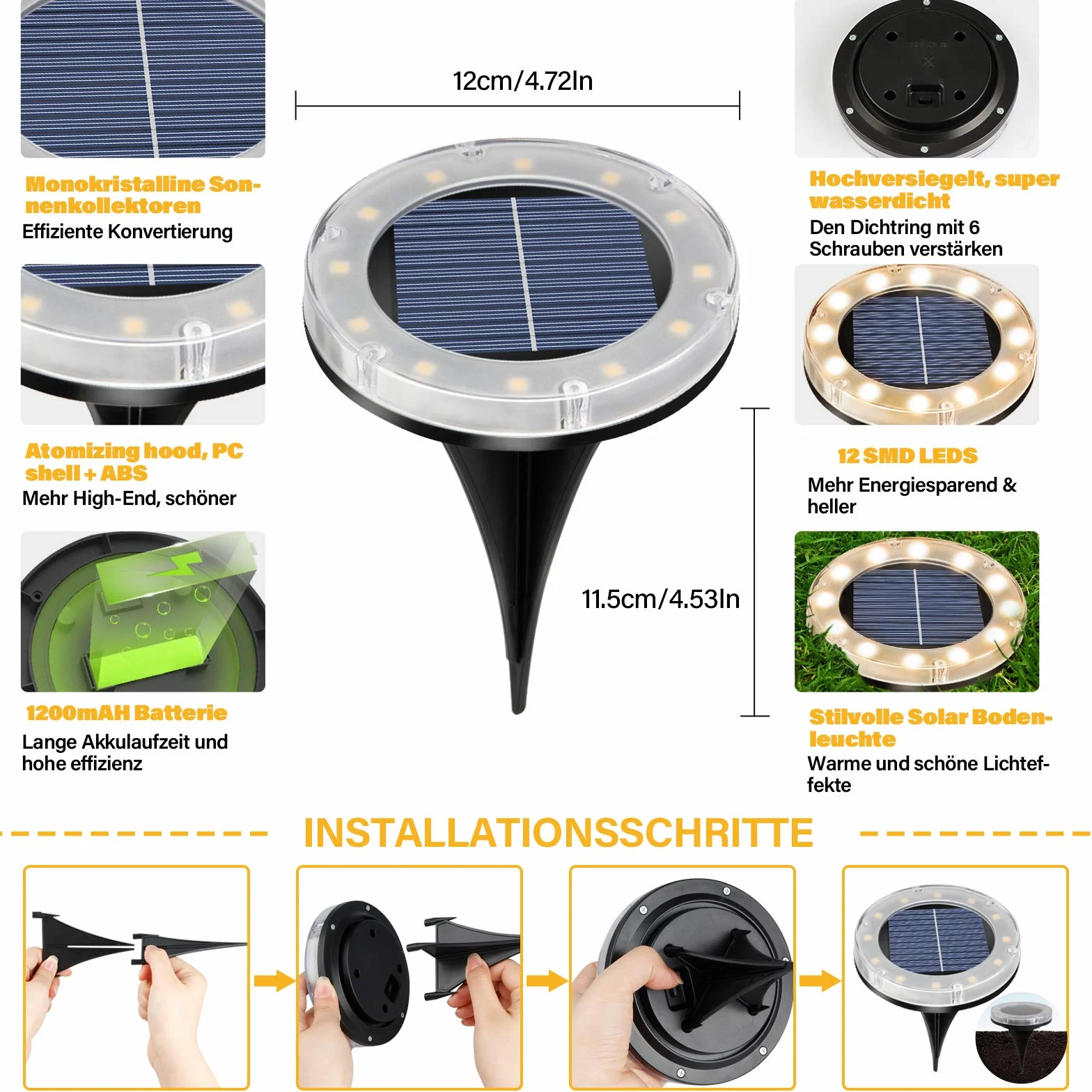 Solarna lampa podłogowa – 12 diod LED do użytku na zewnątrz, ciepła biel, lampa podłogowa lampa solarna do ogrodu, IP65, wodoszczelna lampa solarna LED, 4 sztuki, lampa zewnętrzna do podjazdu/trawnika/chodnika/patio