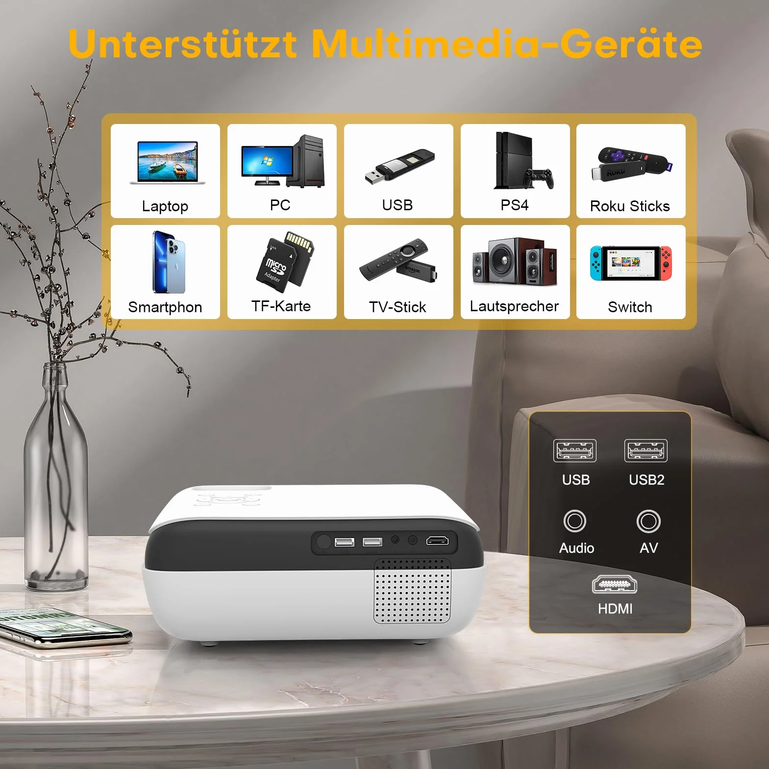 HOPVISION Projektor Full HD 1080P Bluetooth 4K Przenośny Mini Kino Domowe HDMI USB AV
