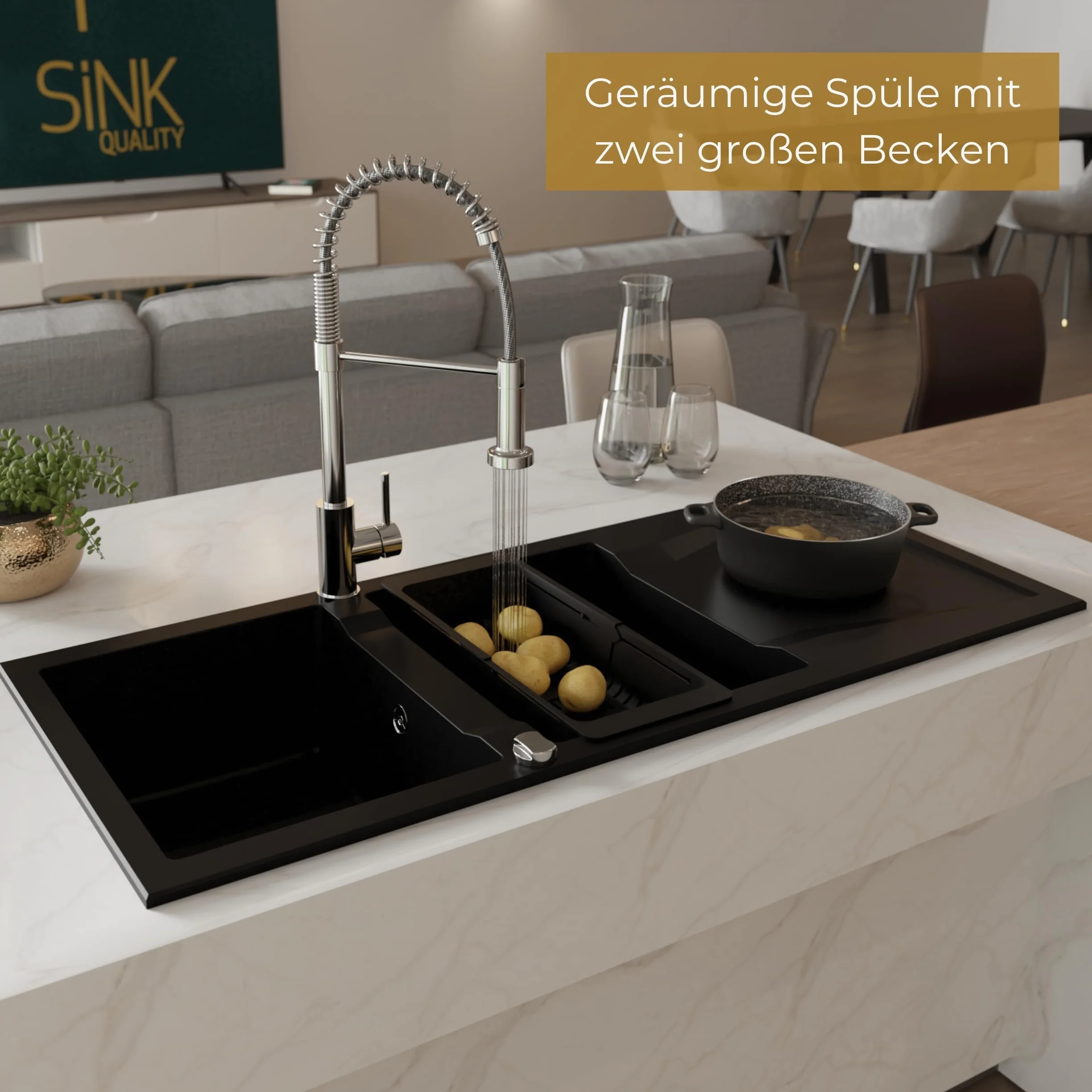 SINK QUALITY podwójny zlewozmywak z ociekaczem, zlewozmywak granitowy czarny 116 x 50 cm, podwójny zlew z syfonem i substancją impregnującą, 2 umywalki zlewozmywaki kuchenne od 80