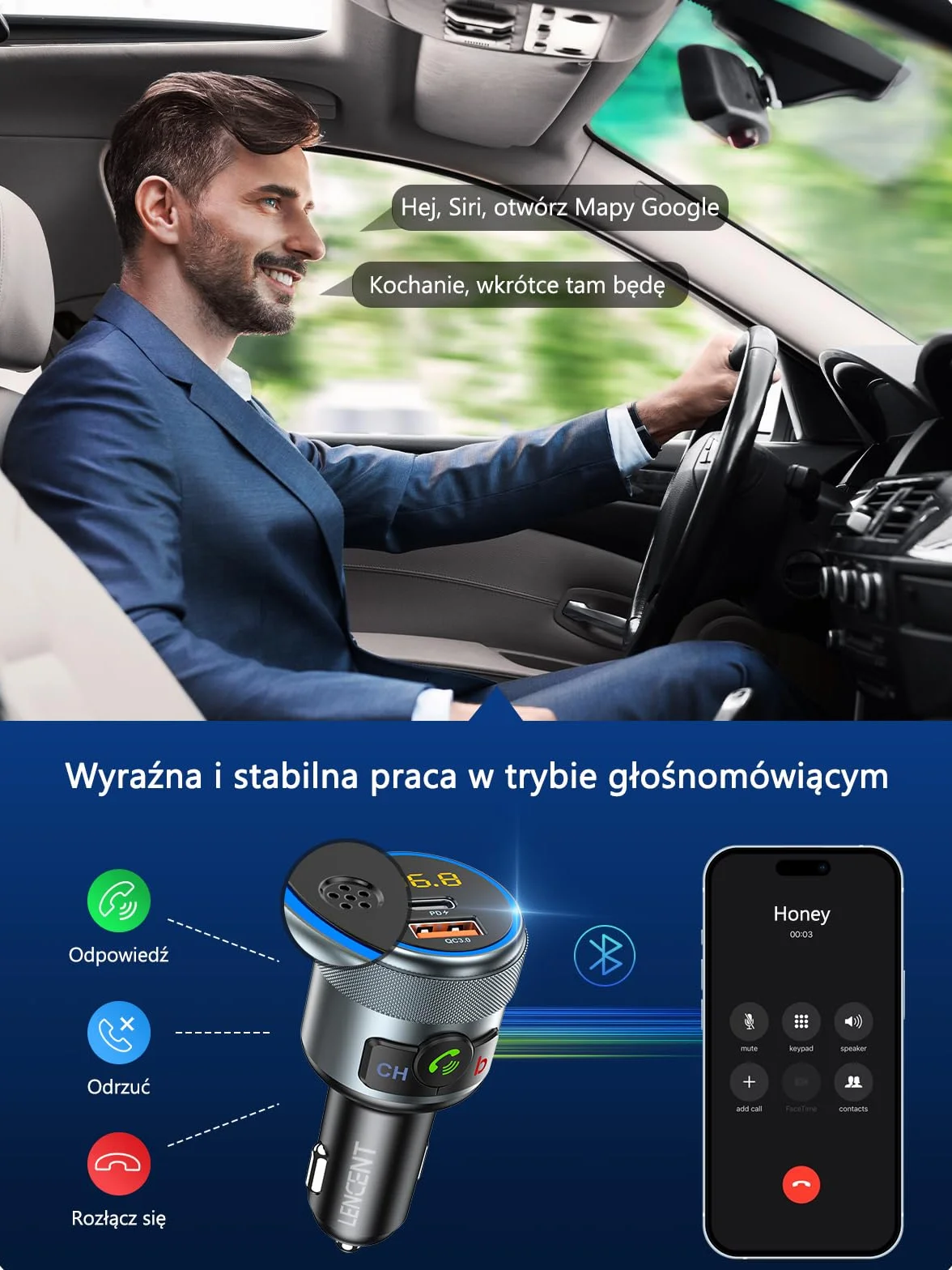LENCENT 5.1 Nadajnik FM Bluetooth Samochodowy Bezprzewodowy Adapter Radiowy z PD3.0 USB-A i QC3.0 USB-C Ładowarka