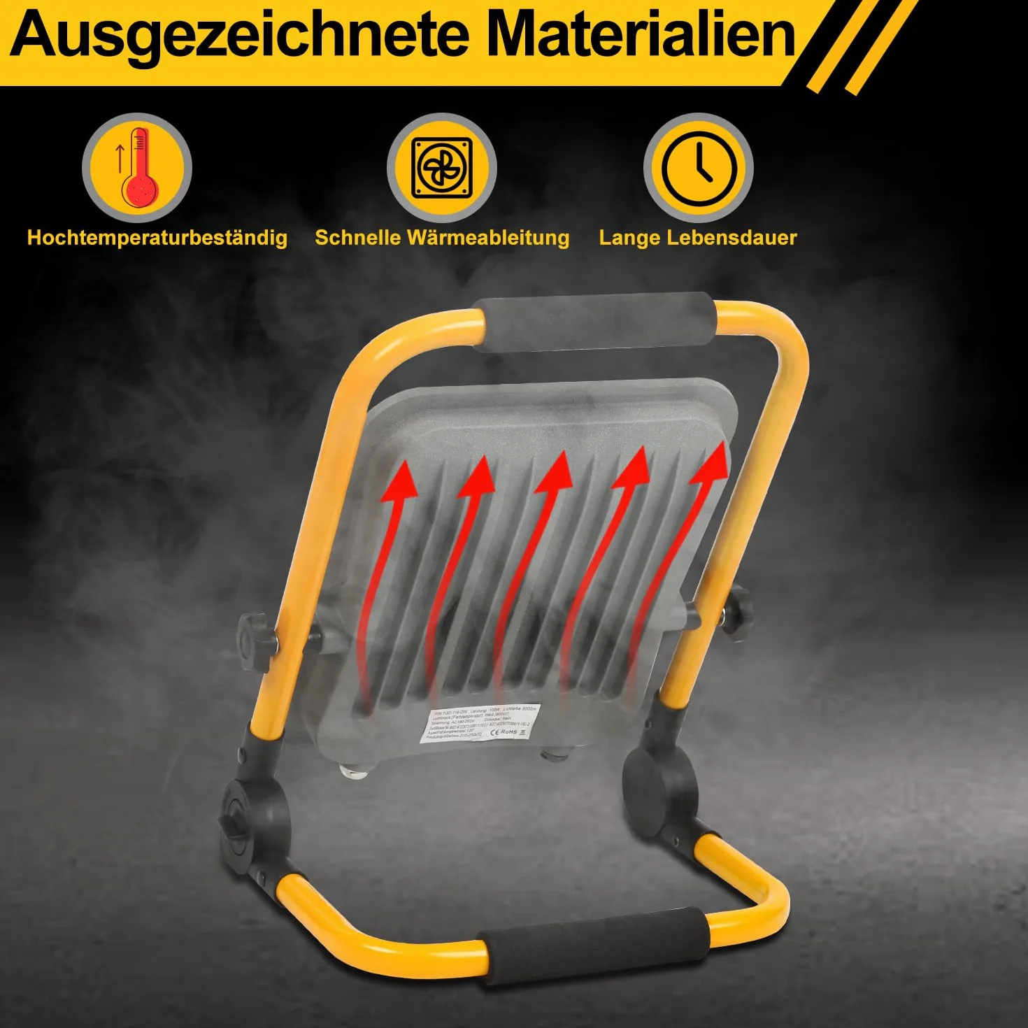 Reflektor budowlany LED, 100 W, 8000 lm, lampa robocza LED z wtyczką, klasa wodoszczelności IP66, reflektor budowlany z kablem 3 m, przenośny, do warsztatu lub na placu budowy, 6000 K