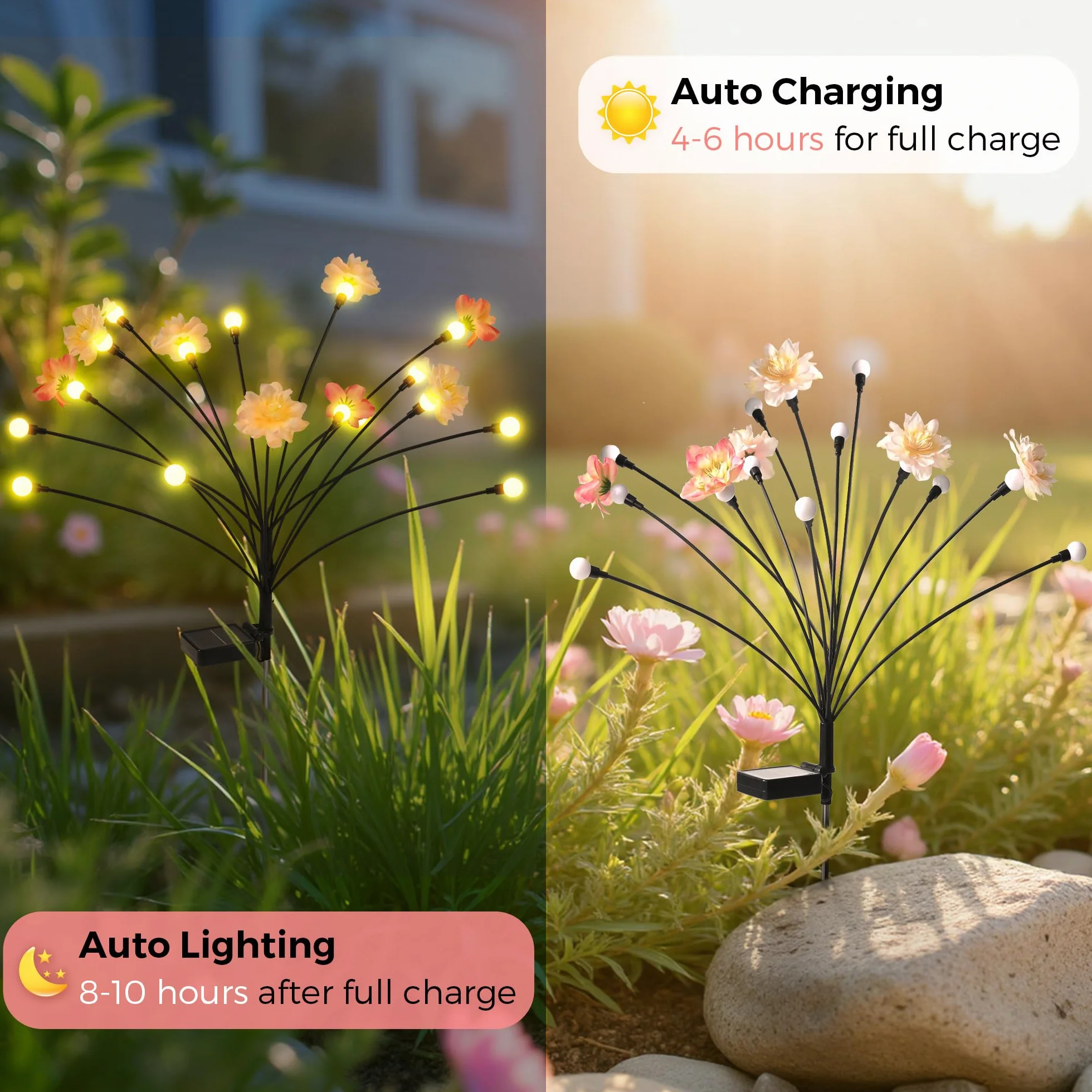 Lampy solarne do ogrodu, wodoodporne, ulepszone 60 diod LED, solarne lampy kwiatowe do użytku na zewnątrz, świetliki, lampa ogrodowa na ścieżki, podwórka, dekoracja tarasu (6 sztuk, ciepła