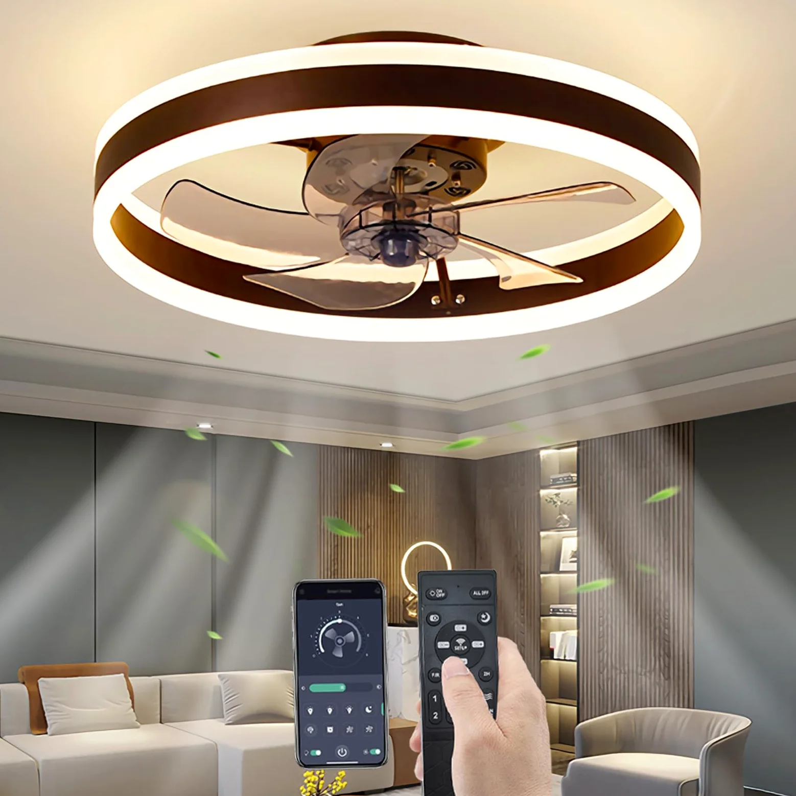 Cichy Wentylator sufitowy ze światłem i zdalne sterowanie, LED 60W Lampa sufitowa Nowoczesny Niski profil Wentylatory sufitowe dla Salon Sypialnia Oświetlenie, 6 prędkości (brązowy, 50CM)