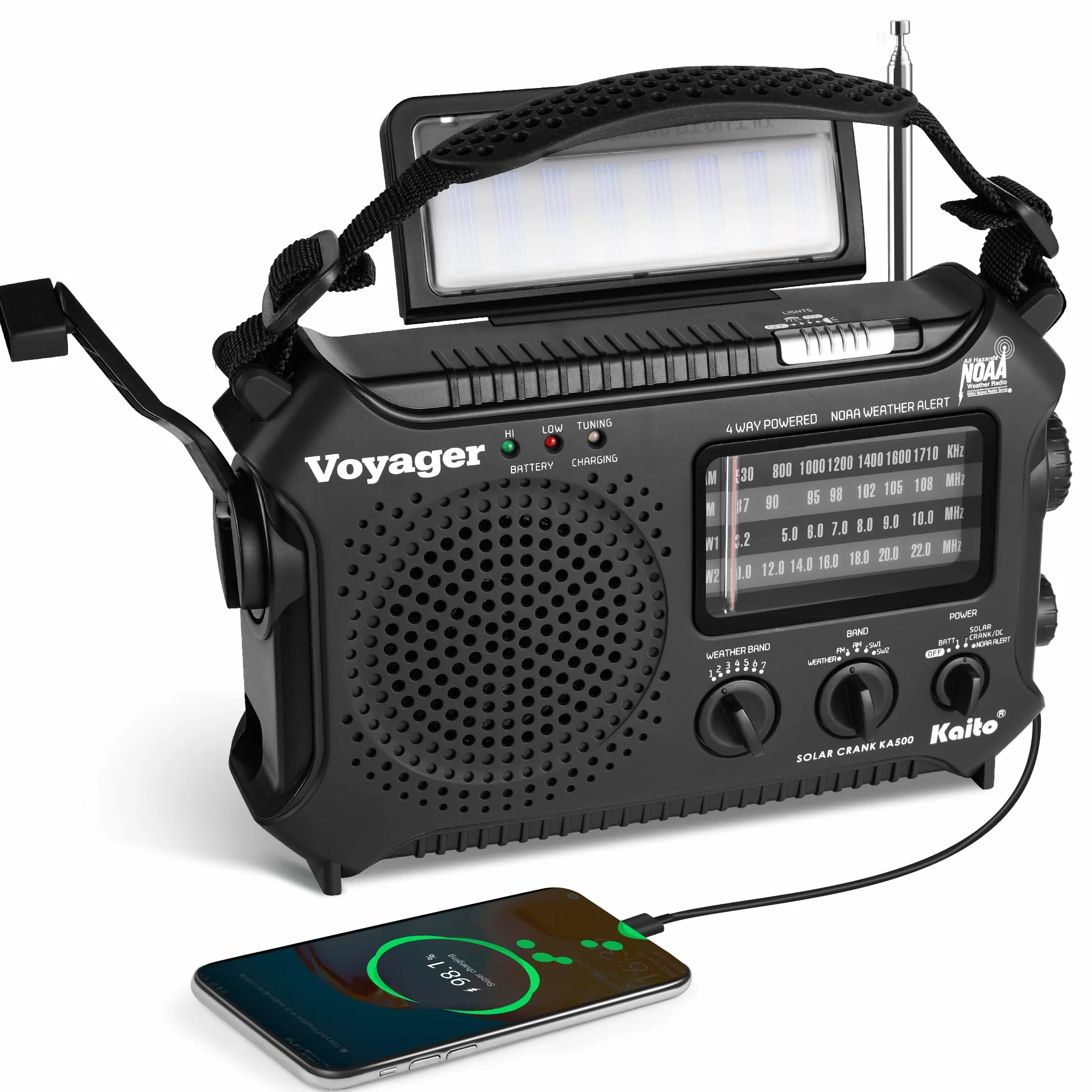 Kaito KA500 5-drożne zasilanie awaryjne AM/FM/SW NOAA radio z alarmem pogodowym z energią słoneczną, korbą dynamo, latarką i lampą do czytania, kolor czarny