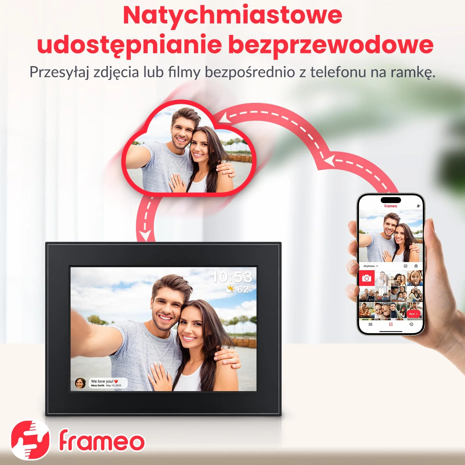 FRAMEO cyfrowa ramka na zdjęcia 32 GB, ekran dotykowy IPS 10,1", inteligentna cyfrowa ramka na zdjęcia, łatwa konfiguracja do udostępniania zdjęć lub filmów za pomocą