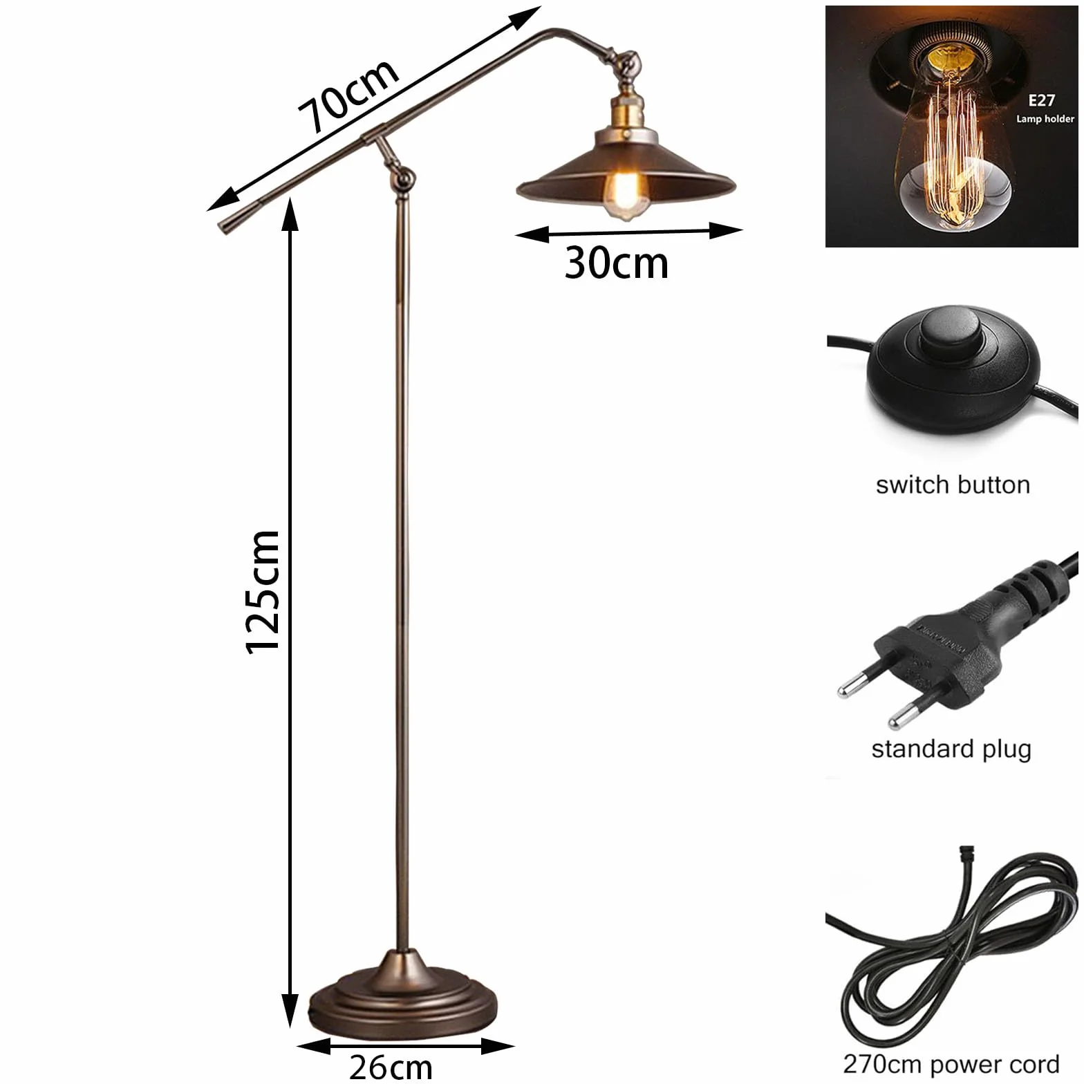 Lampa podłogowa do salonu, regulowana lampa stojąca w stylu industrialnym, gniazdo E27, kabel 2,7 m i przełącznik nożny, do sypialni biura