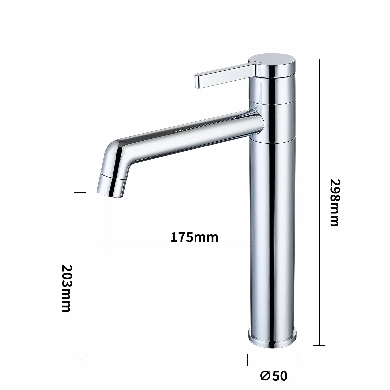 Wysoki kran łazienkowy w chromie o wysokości dyszy 203 mm, armaty z mosiądzu z krzyżem obrótnym o 360° – armaty do umywalki, przeznaczona dla łazience oraz toalety gościnnej