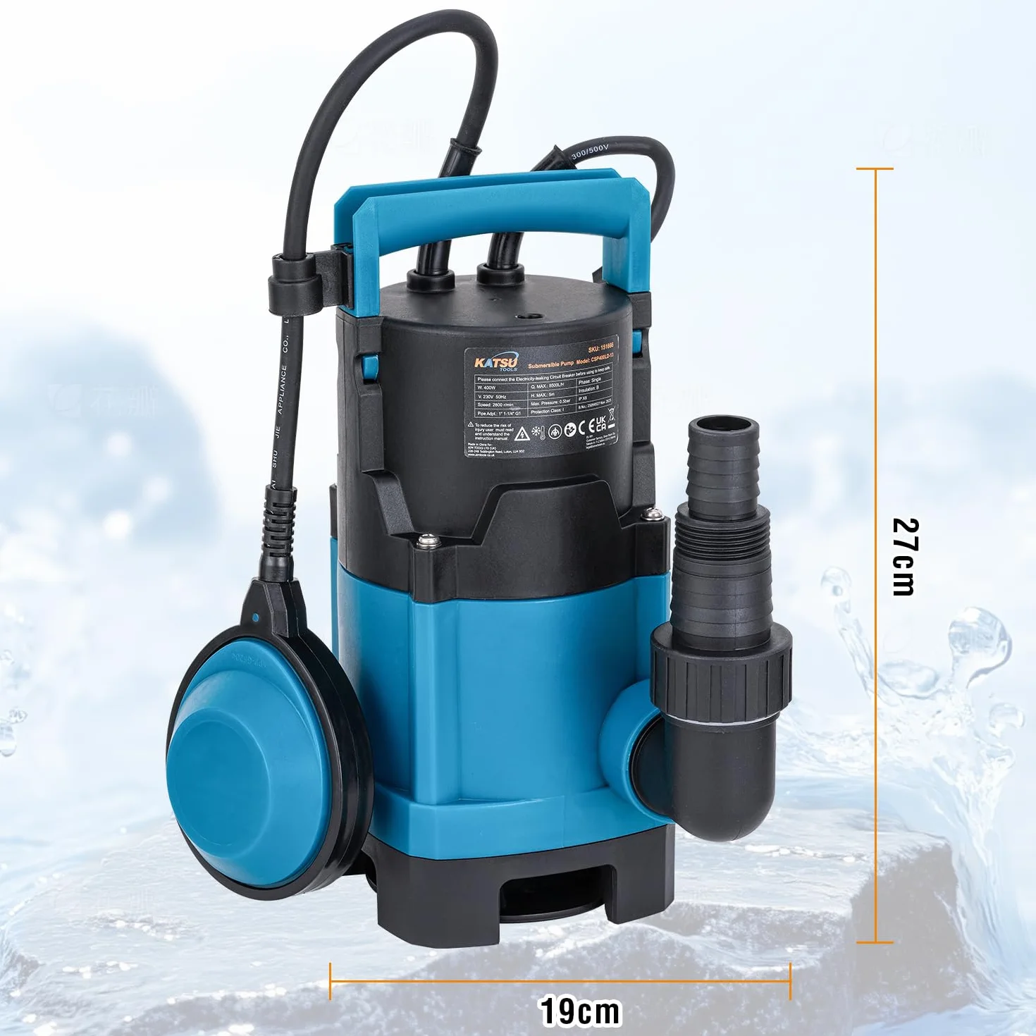 KATSU Przenośna pompa zanurzeniowa 400 W do czystej i brudnej wody, 10 000 l/h do stawu ogrodowego, basenów, rowów + przełącznik pływakowy + wymienna podstawa