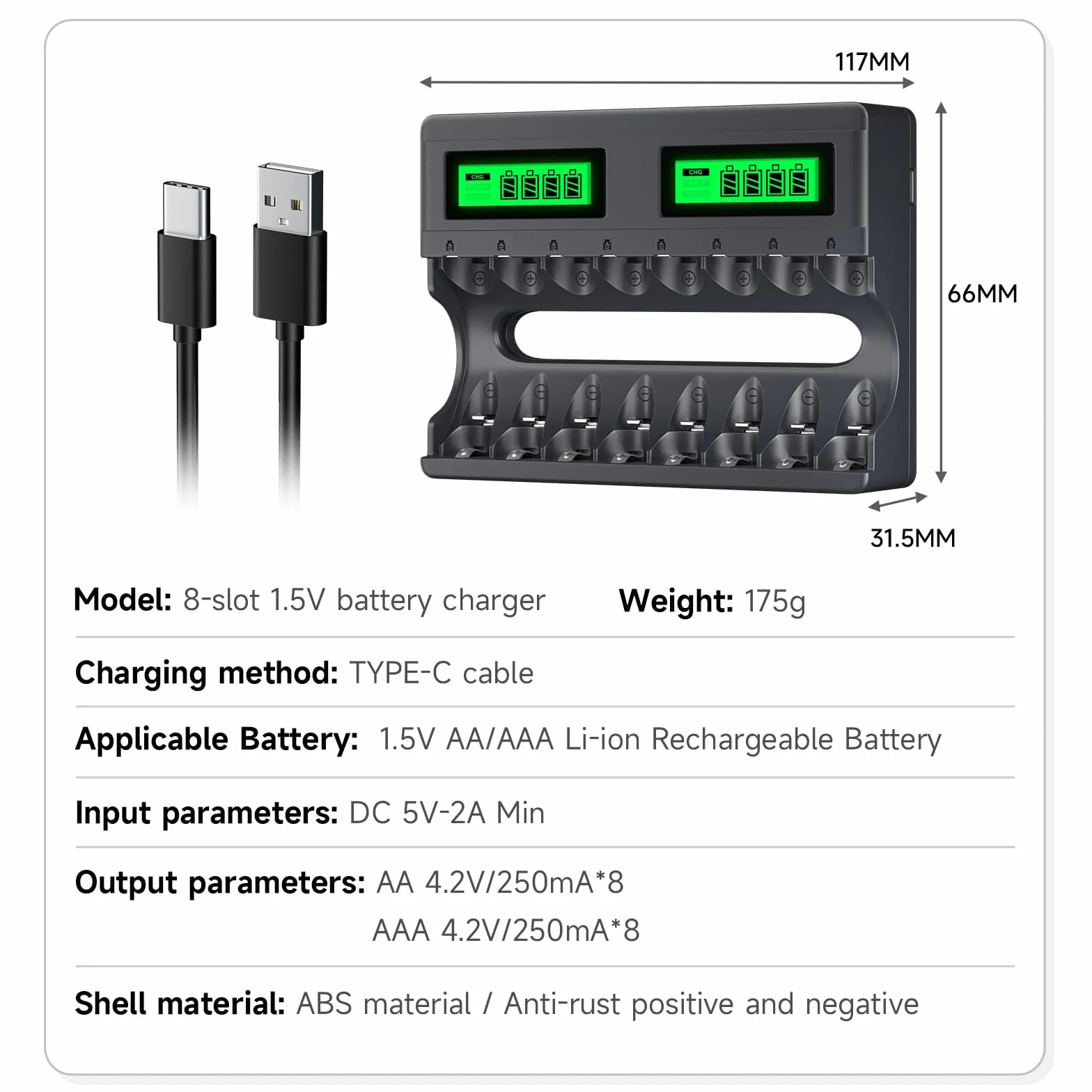 Bateria litowa 1,5 V 3600 mWh AA z ładowarką, 8 gniazdami USB C, niezależne ładowanie, inteligentna, szybka ładowarka LCD, z 8 bateriami AA