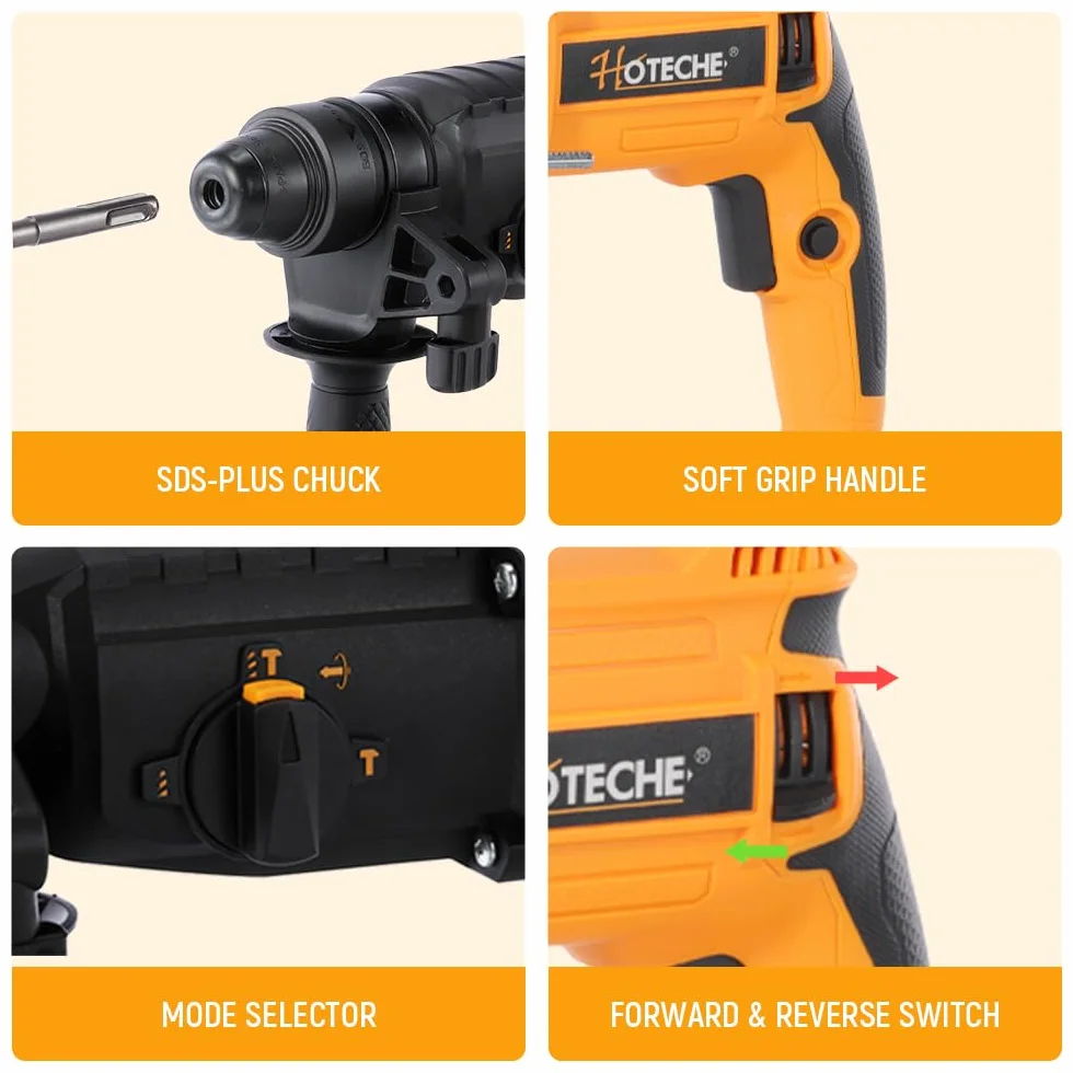 Hoteche 800 W 26 mm młot udarowo-obrotowy, SDS PLUS, 4 funkcje (wiercenie/wiercenie/młotkowanie/dłutowanie), 1120 obr./min, 5500 uderzeń/min, w zestawie akcesoria