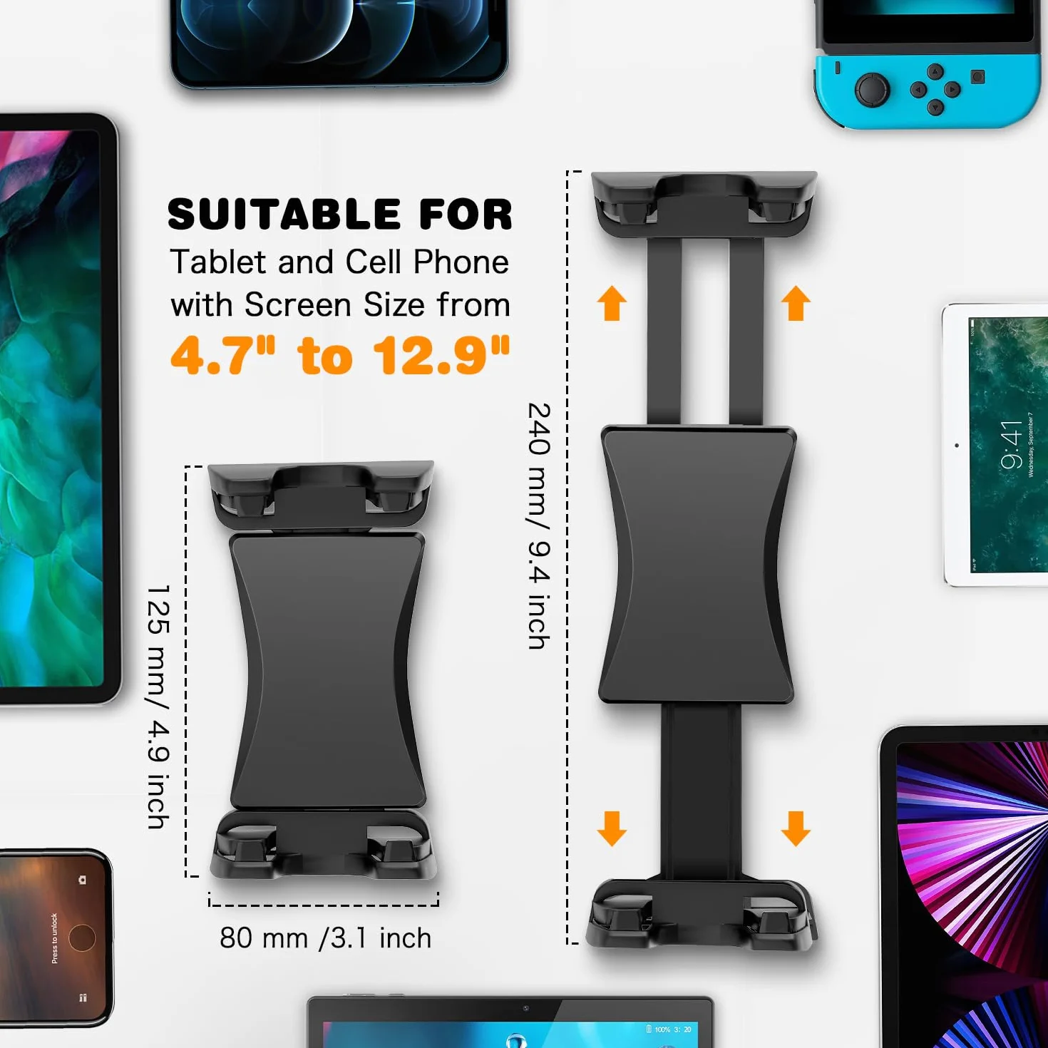 Regulowany Stojak Samochodowy na Tablet z Przyssawką, Uchwyt na iPada Air Mini iPhone Galaxy 4,7-12,9"