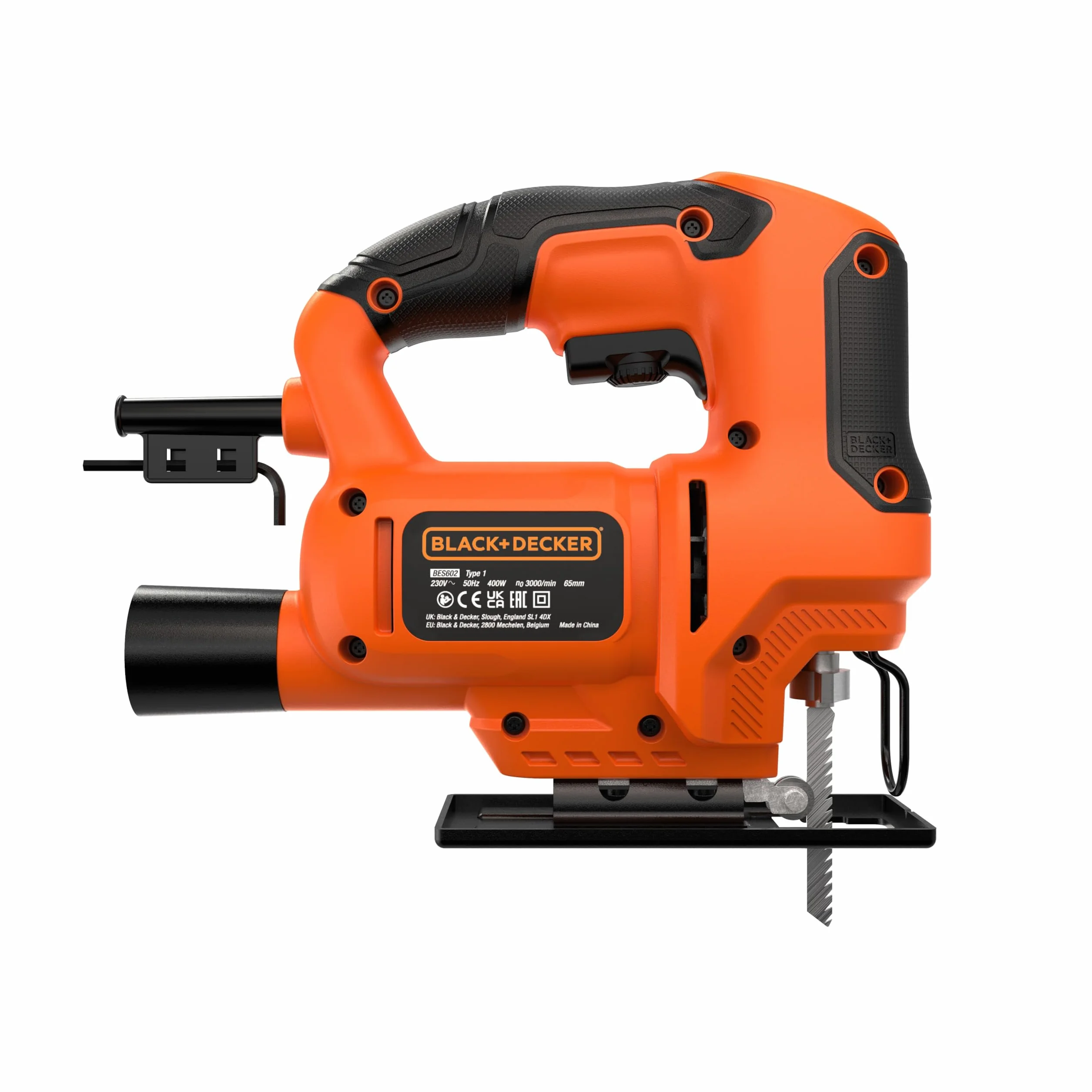 BLACK+DECKER Wyrzynarka 400W, kompaktowa i ergonomiczna konstrukcja, beznarzędziowa wymiana ostrza, cięcie skosem 0-45º, przyjmuje ostrza typu "T", prędkość 0-3 000 cpm - BES603-QS