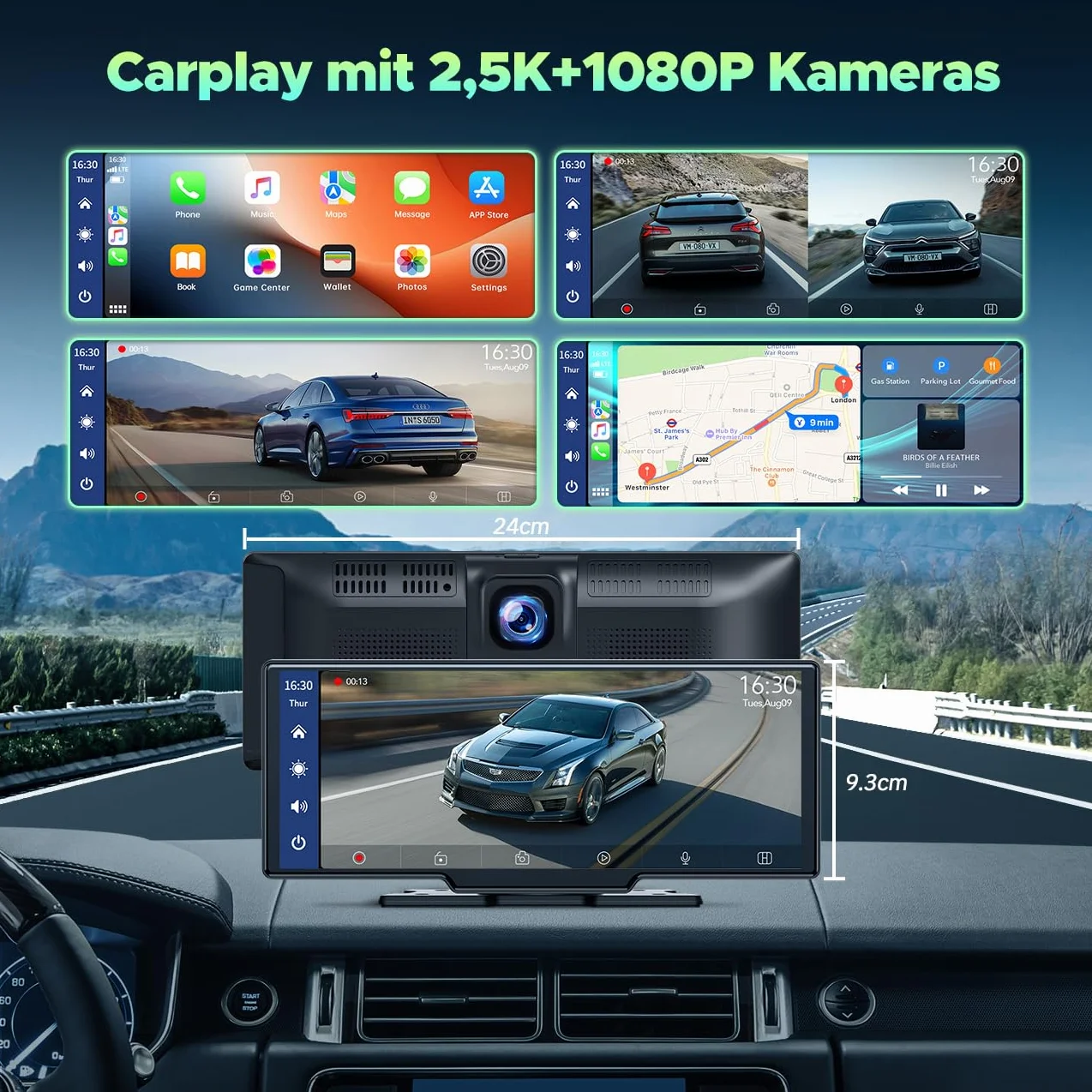 LAMTTO Bezprzewodowe radio samochodowe CarPlay Android 9,26" 2,5K+1080p kamera 64GB TF Bluetooth nawigacja Mirror Link Siri/G00gle AUX/FM