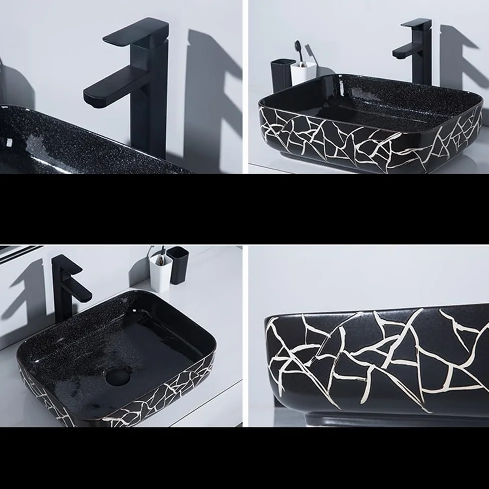 Umywalka łazienkowa nowoczesna minimalistyczna czarna ceramiczna umywalka nablatowa z kranem zestaw odpływowy umywalka