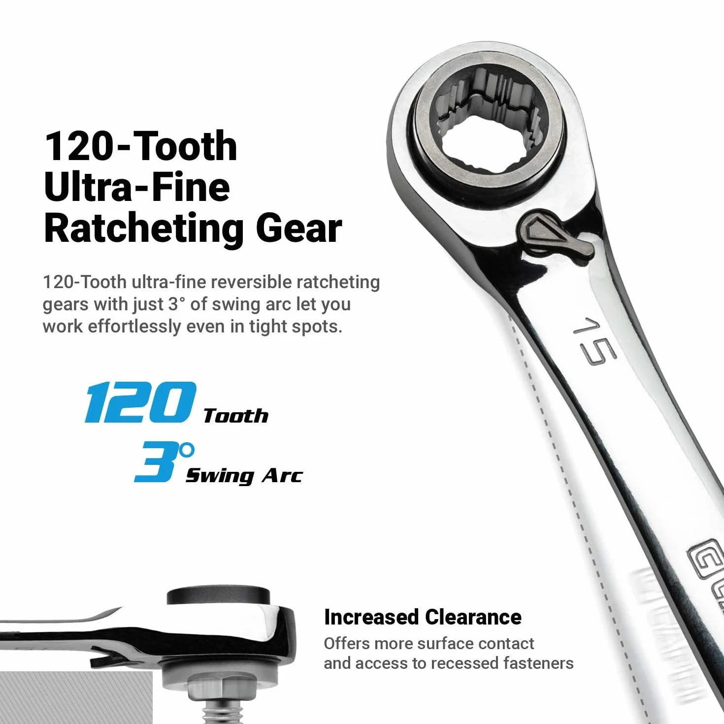 Capri Tools Zestaw dwustronnych kluczy grzechotkowych 4 w 1 120 zębów, metryczny i SAE, 4-częściowy z 16 rozmiarami