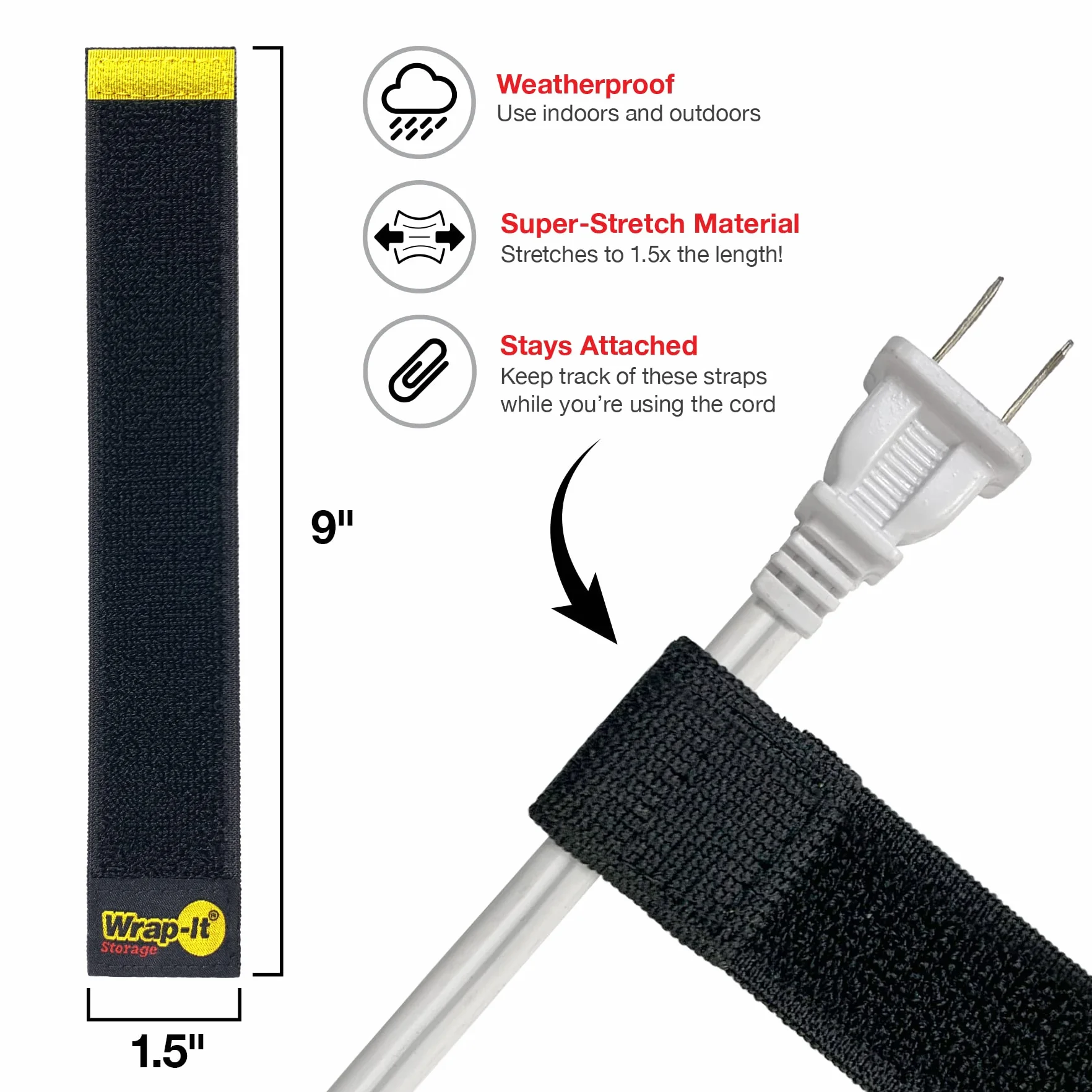Paski do selfie firmy Wrap-It Storage, 23 cm (10 szt.), czarne, rozciągliwy organizer na sznurek z rzepem, który pozostaje przymocowany do przewodu, do zarządzania kablami elektrycznymi i organizacji