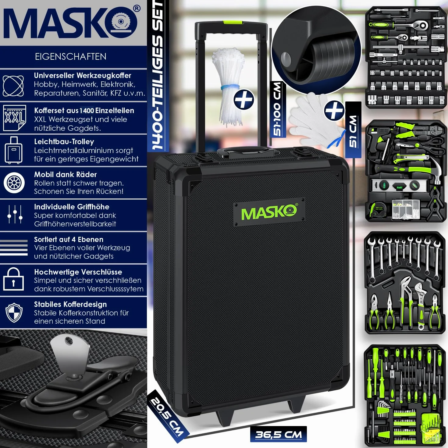 MASKO Walizka narzędziowa 1400-częściowa wypełniona | zestaw narzędzi w walizce aluminiowej | skrzynka na narzędzia z kółkami | skrzynka narzędziowa do domu, domu, hobby, samochodu | funkcja wózka |