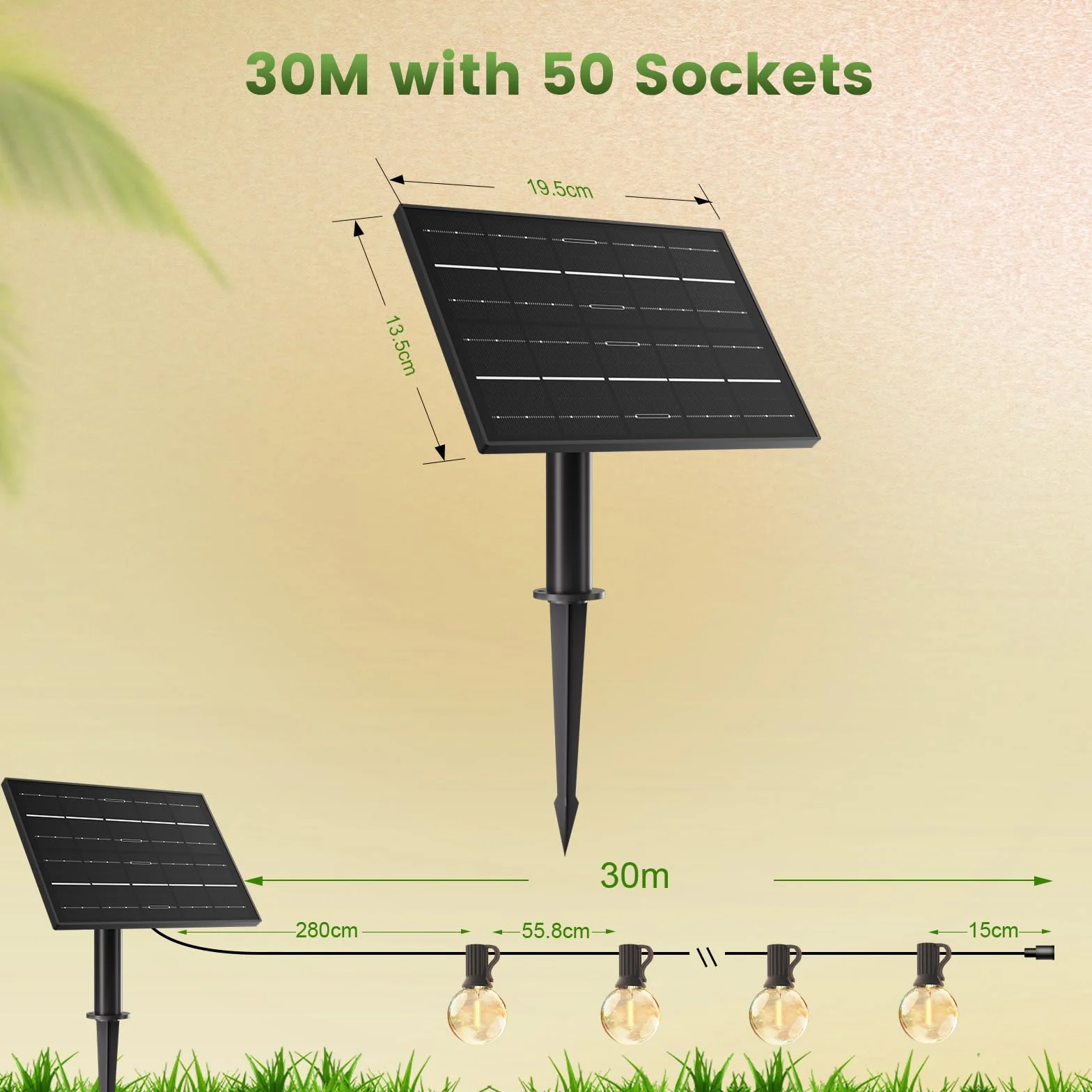 Yuusei Zewnętrzny łańcuch świetlny solarny, 30 m, oświetlenie zewnętrzne do ogrodu LED | IP65 wodoodporny i USB, 50 + 2 G40, nietłukące się globusy, do altany, balkonu, altany, patio, ślubu i przyjęć