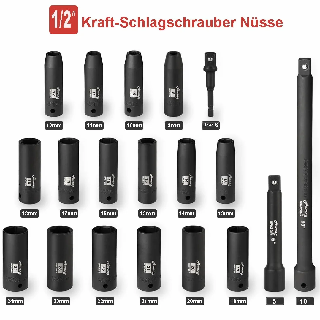 Awang Kraft zestaw nasadek do wkrętarki udarowej 1/2" 8-24 mm z 5, 10-calowym drążkiem przedłużającym, 1/4 Adatper 19 sztuk