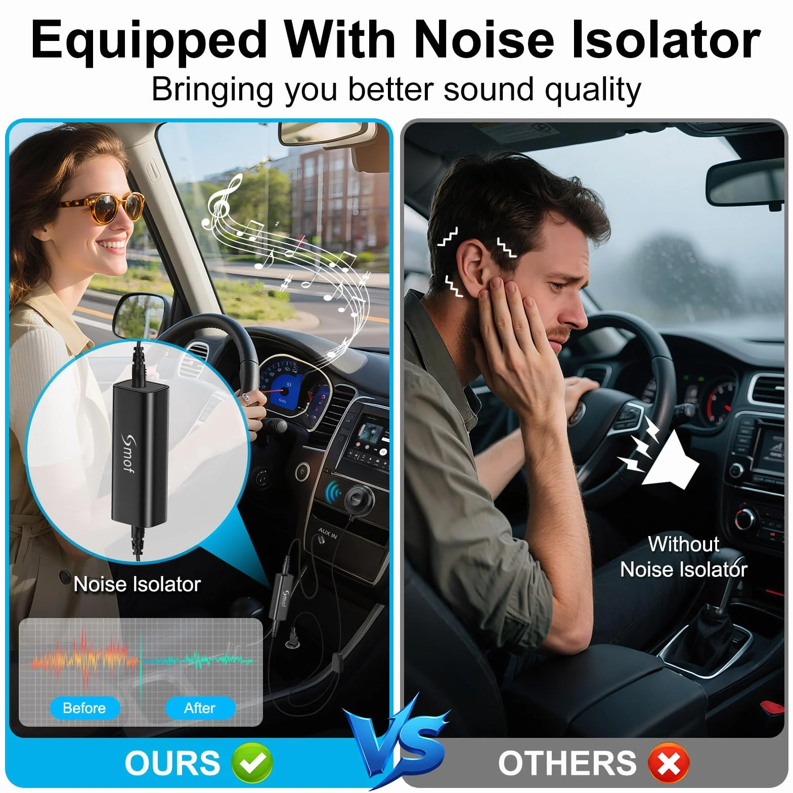 Adapter Bluetooth do samochodu z izolatorem szumów, bezprzewodowy odbiornik AUX