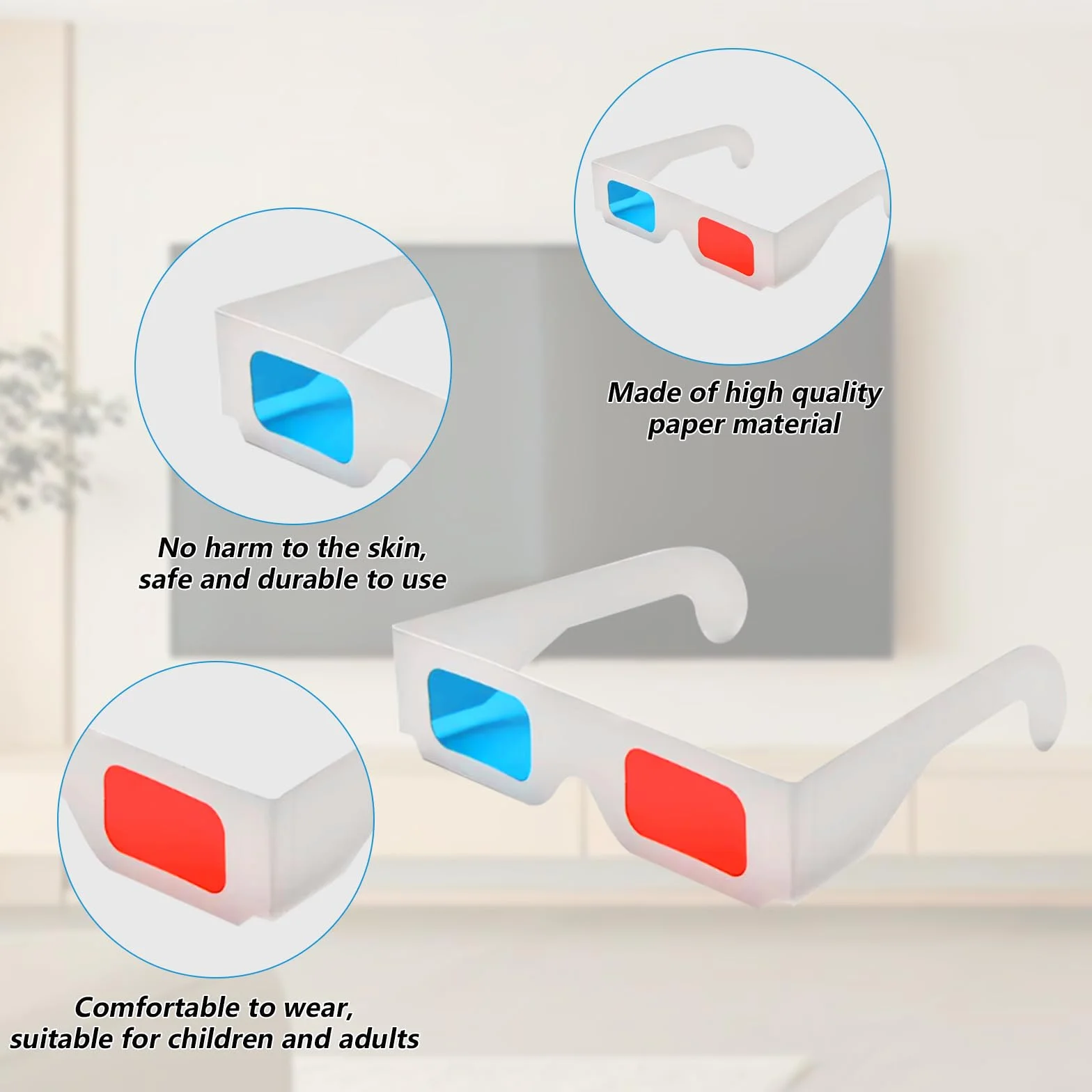 Papierowe okulary 3D czerwone i niebieskie soczewki 40 par