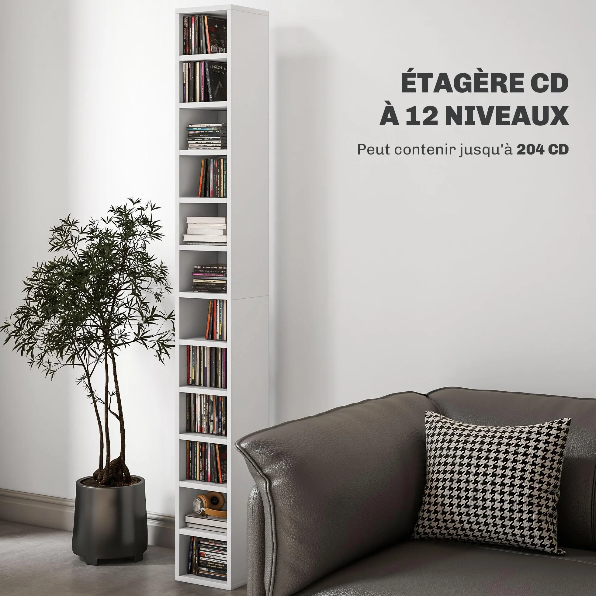 HOMCOM Przechowywanie płyt CD i DVD, kolumna do przechowywania, szafka do przechowywania z 12 przegródkami, maks. pojemność 204 CD, 21 x 20 x 175 cm, biały