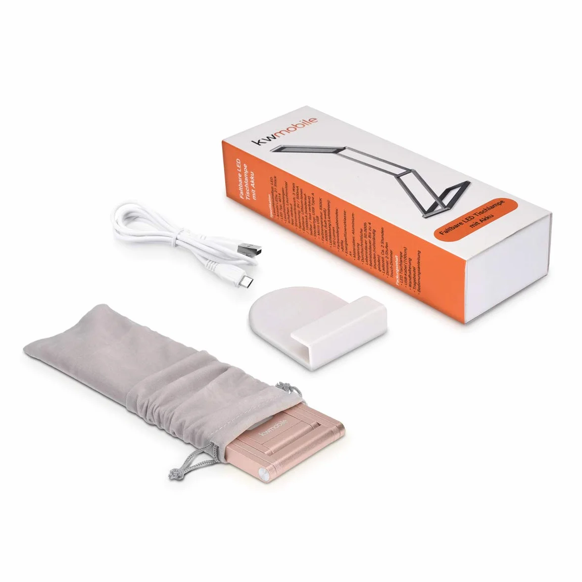 kwmobile Aluminiowa lampa stołowa LED z obrotową głowicą – akumulatorowa, składana, micro USB, różowe złoto