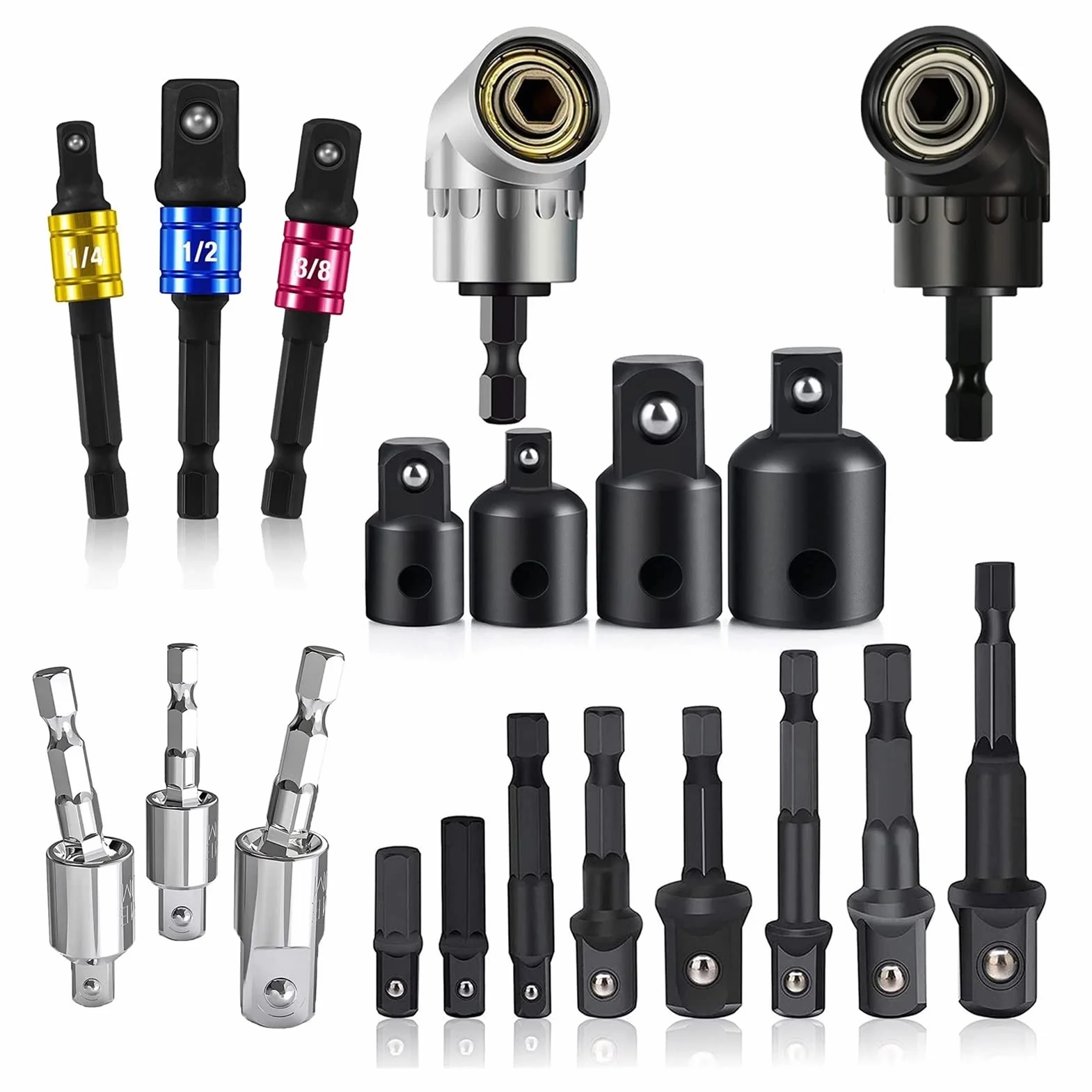 Adapter gniazdka sześciokrotnego, Zestaw adapterów do wiertarki, gniazd wiertarskich, bitów kątowych 105° i reduktorów(20pcs)
