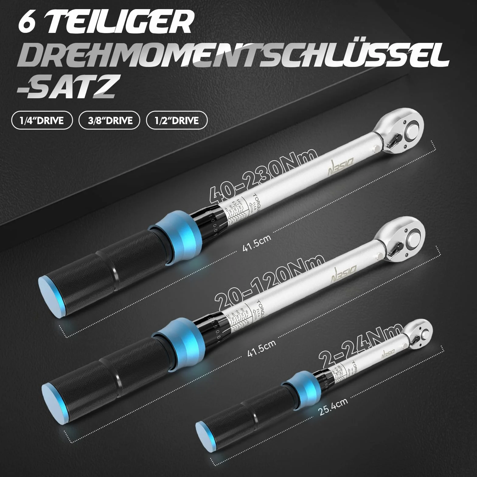 DISEN 3-częściowy zestaw kluczy dynamometrycznych – 1/2" 3/8" 1/4" – 40 – 230 Nm, 20-120 Nm, 2-24 Nm – dokładność błędu ±3% – 72 zęby z grzechotką dwustronną – do samochodu, motocykla, roweru