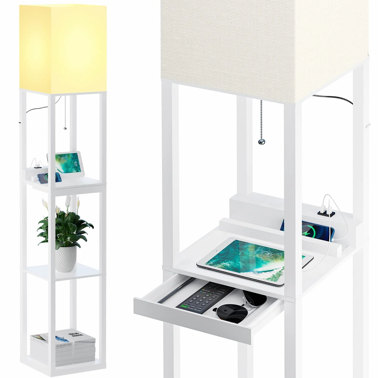 SUNMORY Lampa Podłogowa Z Półką Z Litego Drewna, 3 Temperatury Barwowe, 2 Porty USB Do Ładowania I 1 Szuflada, Biała (Z Żarówką)