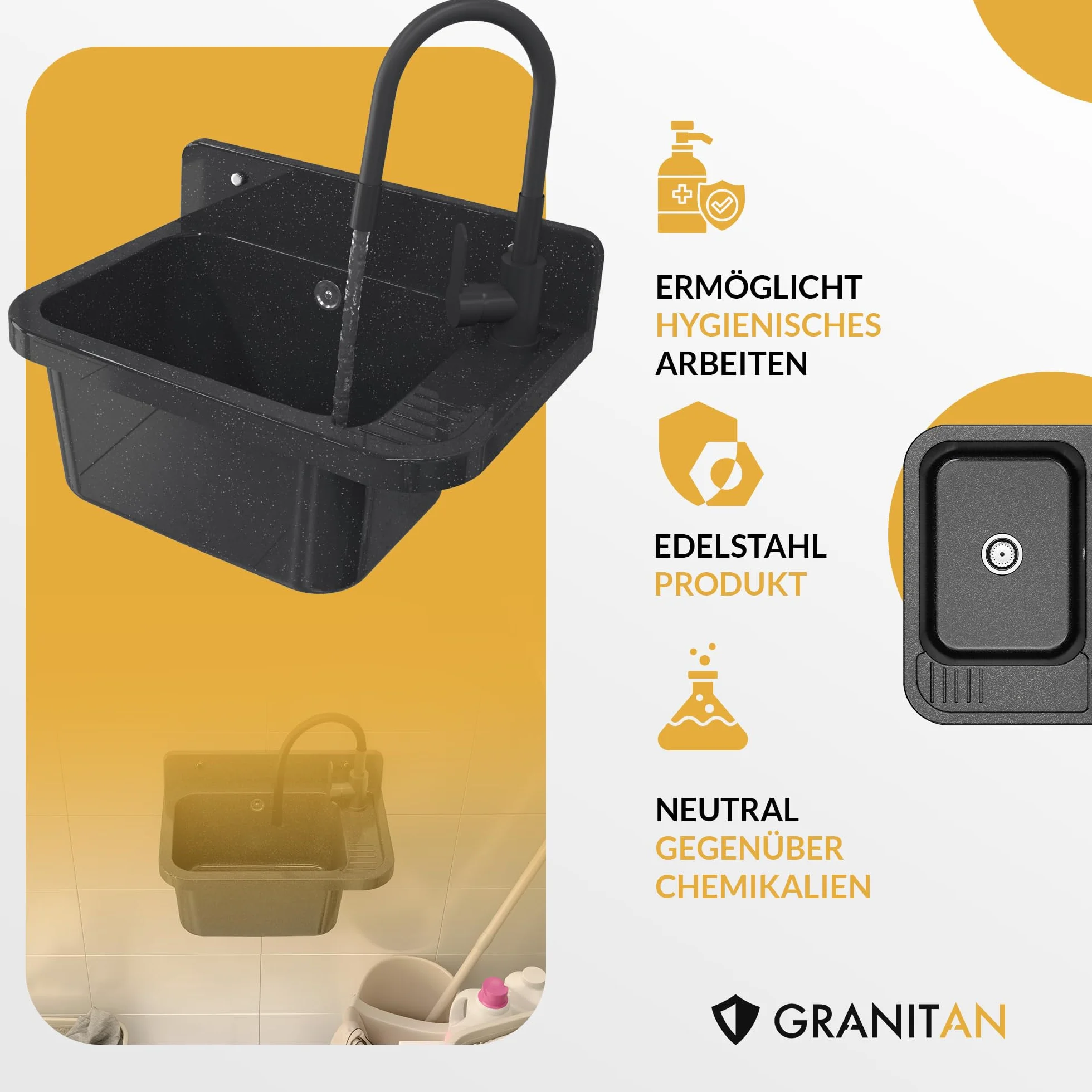 Granitan Umywalka do garażu, piwnicy, warsztatu i pralni – uniwersalne koryto z syfonem – umywalka do montażu na ścianie – 50 x 34 x 31 cm (biała + armatura umywalkowa FLEX)