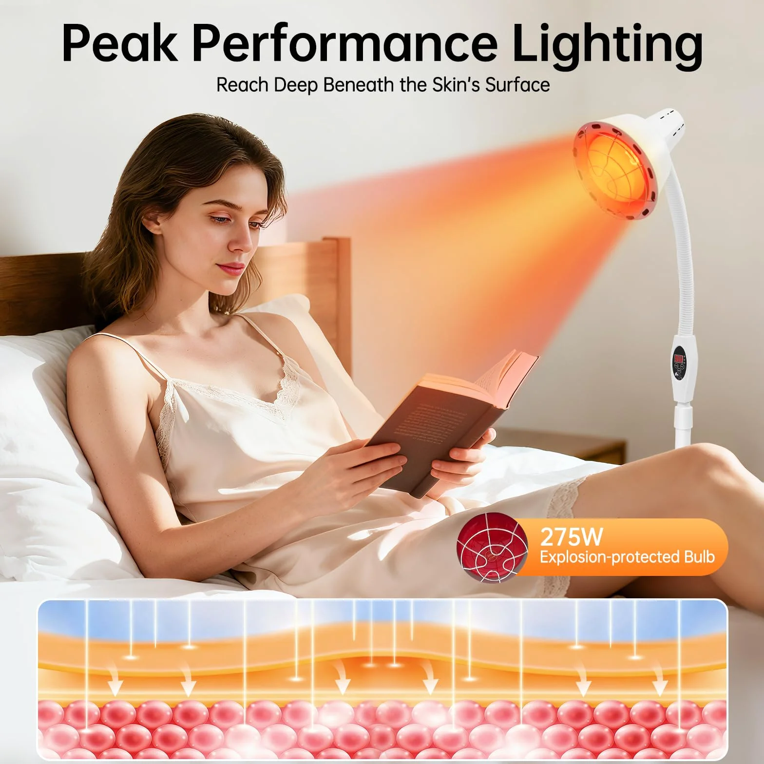 Lampa grzewcza 275 W, czerwone światło, lampa na podczerwień, lampa stojąca, lampa stojąca o 360°, czerwone światło, do terapii, do masażu salonowego, leczenia przeziębienia i napięcia mięśni