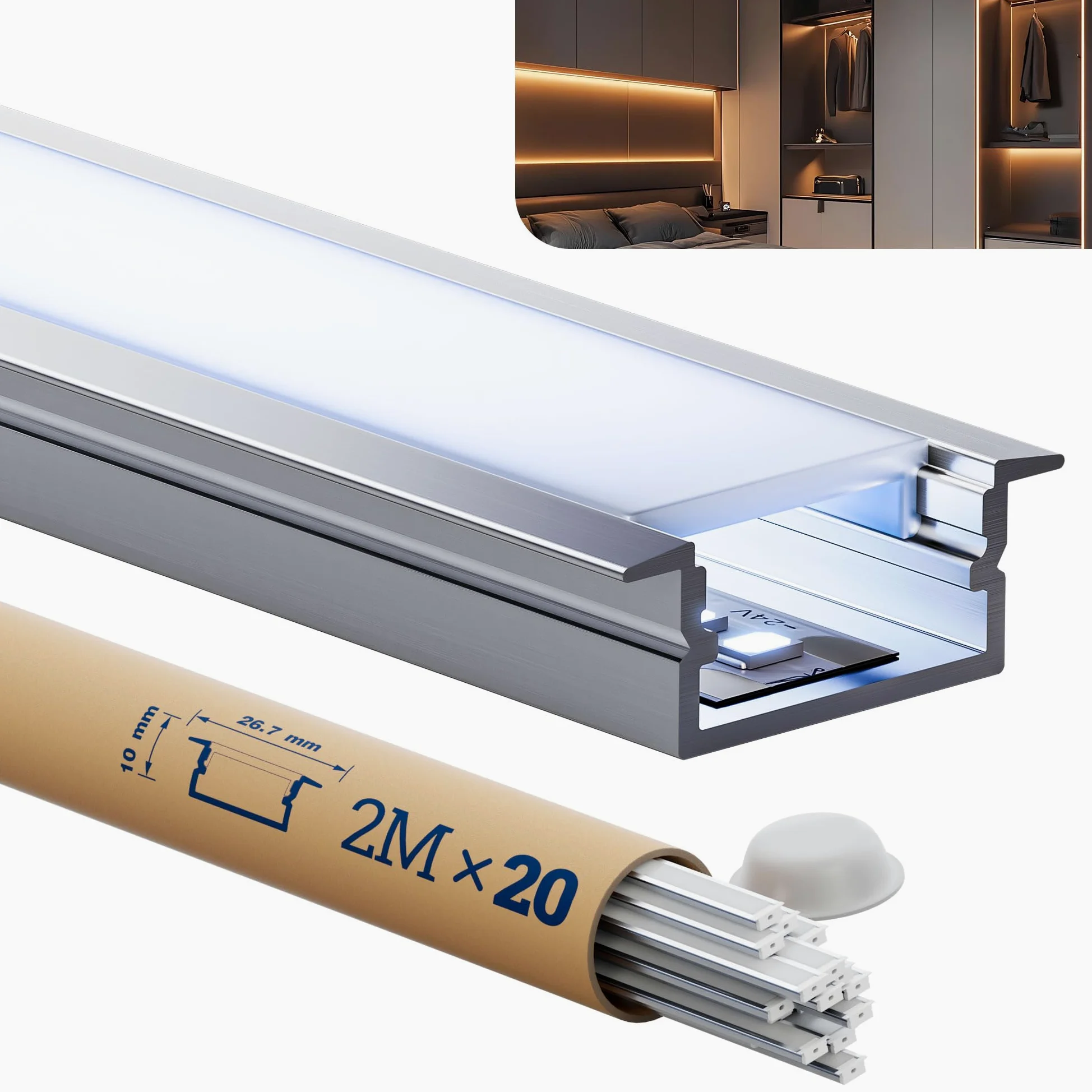 Profil aluminiowy LED do taśm LED, 2 m x 20 sztuk, profil do suchej zabudowy w kształcie litery U, rozmiar 19,7 x 10 mm – nadaje się do wszystkich pasków do 15,5 mm, z matową, nieprzezroczystą