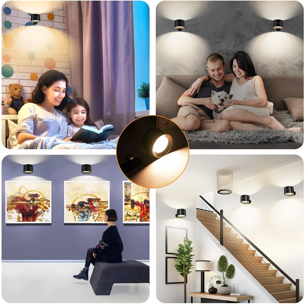 HOTUT Kinkiet Wewnętrzny, Obrotowa Lampka Nocna 360°, Ładowalna Lampa Ścienna Led z Pilotem, 12 Kolorów RGB, 3 Temperatury Barwowe Dla Łóżka, Sypialni, Salonu, Czarny