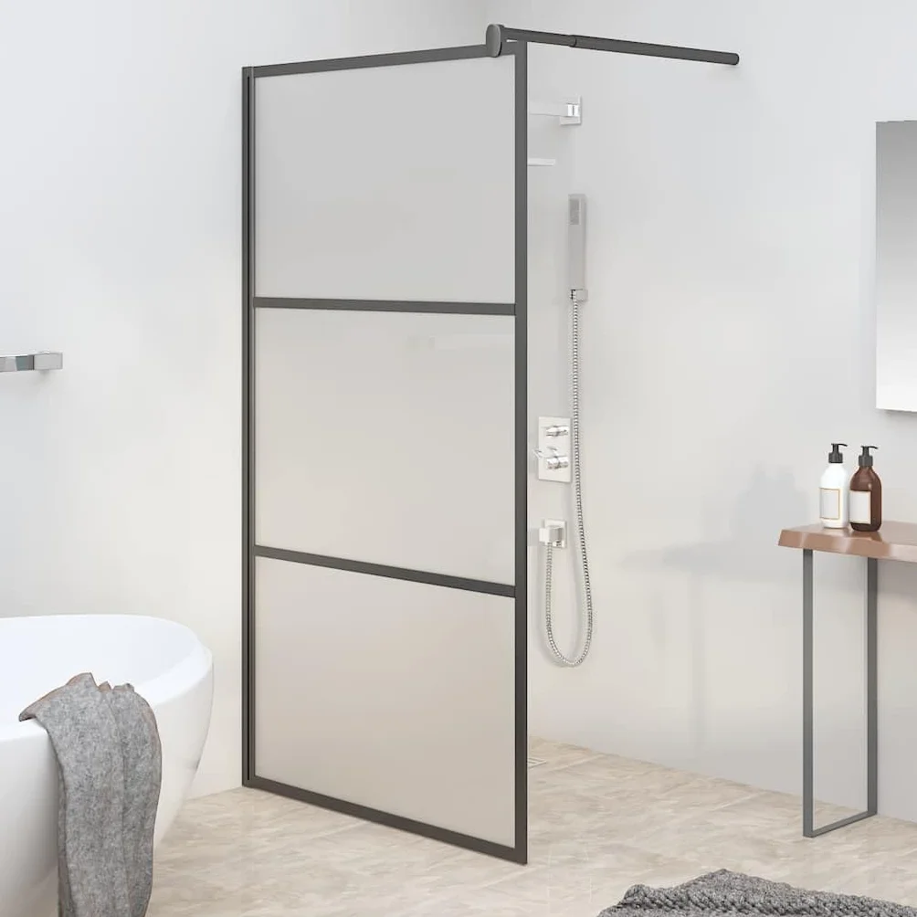 Ścianka prysznicowa Walk-In 100 x 195 cm, ESG matowana, z aluminiową ramą, czarna, regulowany profil i drążek podporowy, ochrona przed pryskaniem, ścianka działowa do łazienki, bez wiercenia