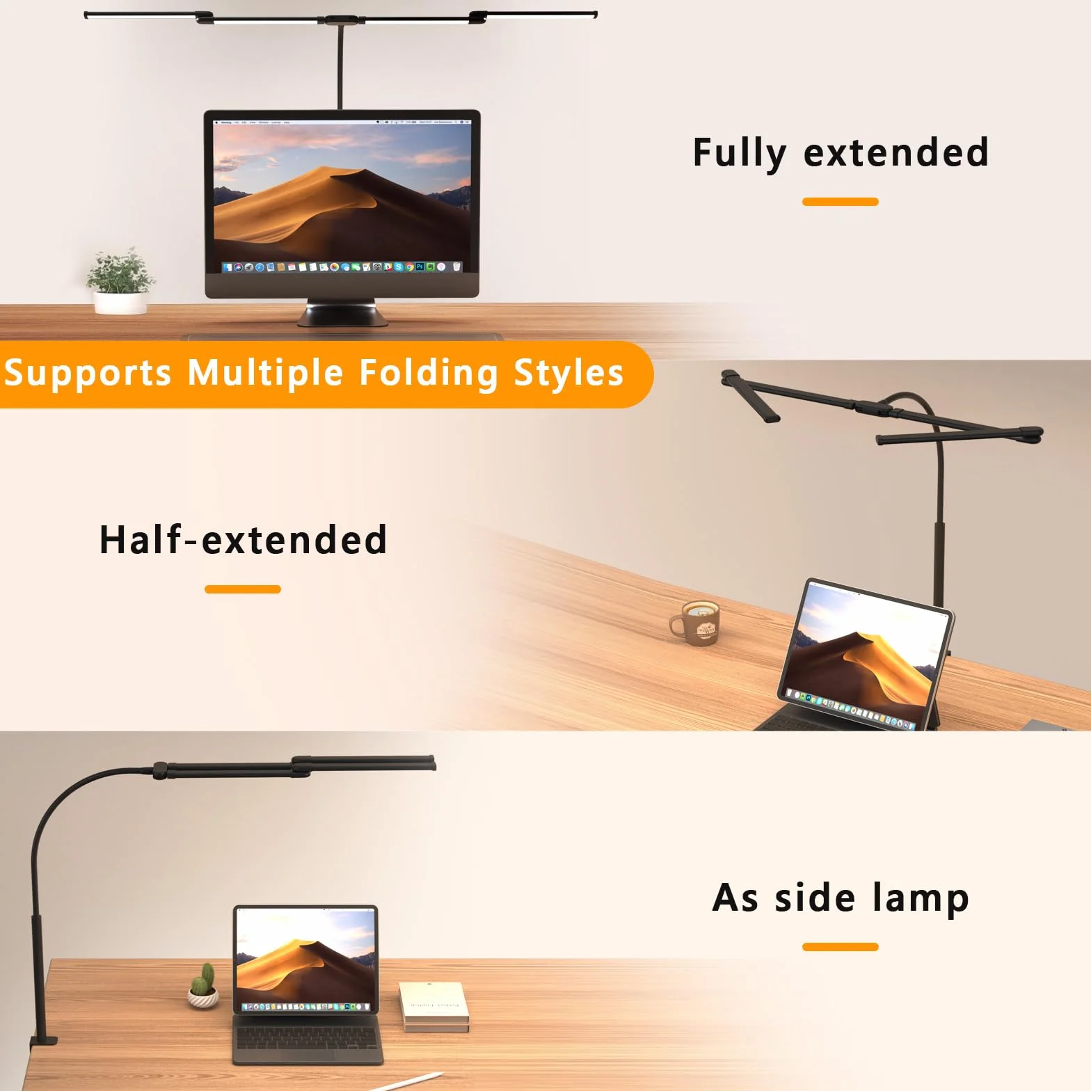 Comely Lampa biurkowa LED z możliwością ściemniania 24 W, 120 cm, 2750 lm, 4 biurka LED z 5 temperaturami światła, lampa biurkowa z 10 ustawieniami jasności, lampa biurkowa z zaciskiem, czarna