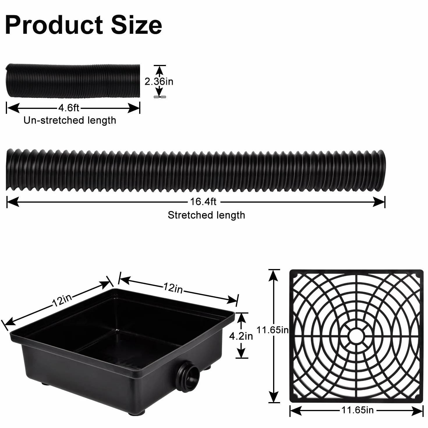 Prestantious Niskoprofilowy zestaw odpływowy do umywalki, 30 cm x 30 cm, zestaw przedłużający do umywalki z elastyczną rurą 5 m, długość rury 5 m, system odprowadzania wody deszczowej