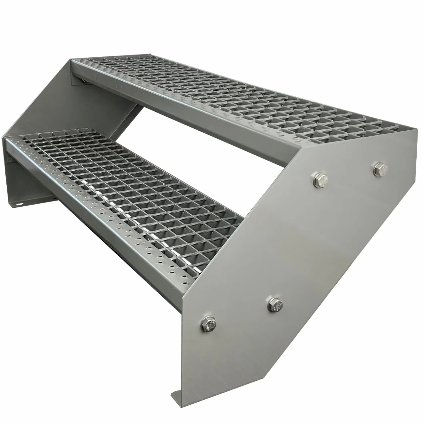 Wysokiej jakości schody ze stali ocynkowanej, całkowicie srebrnej, malowanej proszkowo, 2 stopnie (szerokość 1000 mm) (wysokość 380 mm), odporne na warunki atmosferyczne, schody