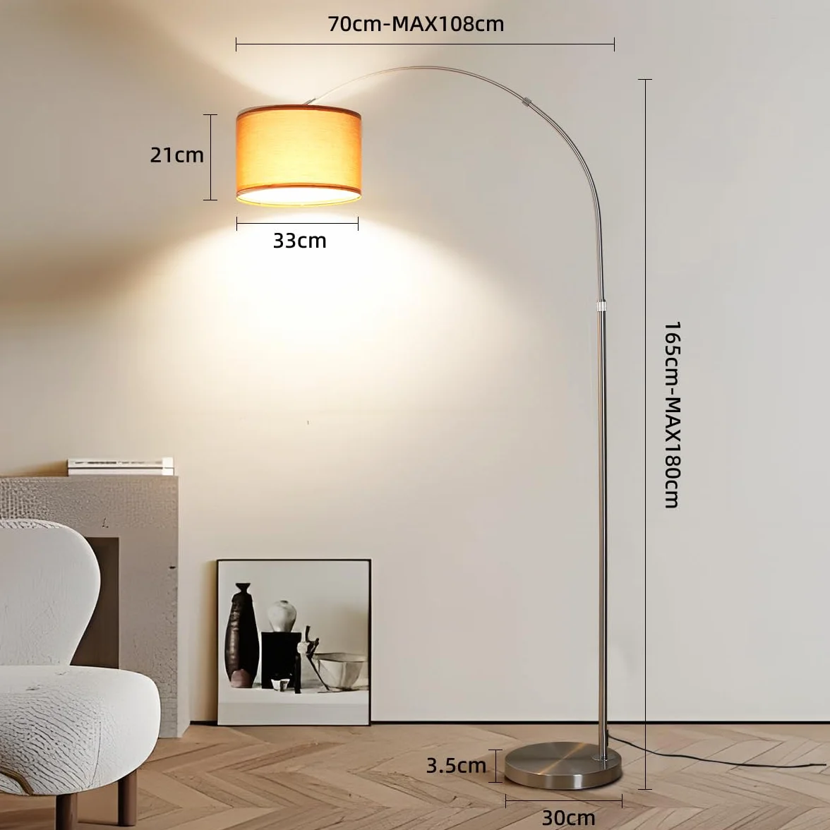Lampa podłogowa łukowa LUNA do salonu | Zawiera gniazdo LED E27 | Czarny klosz materiałowy o długości 33 cm | Przełącznik nożny | Lampa łukowa w stylu vintage, odpowiednia do sypialni i hoteli