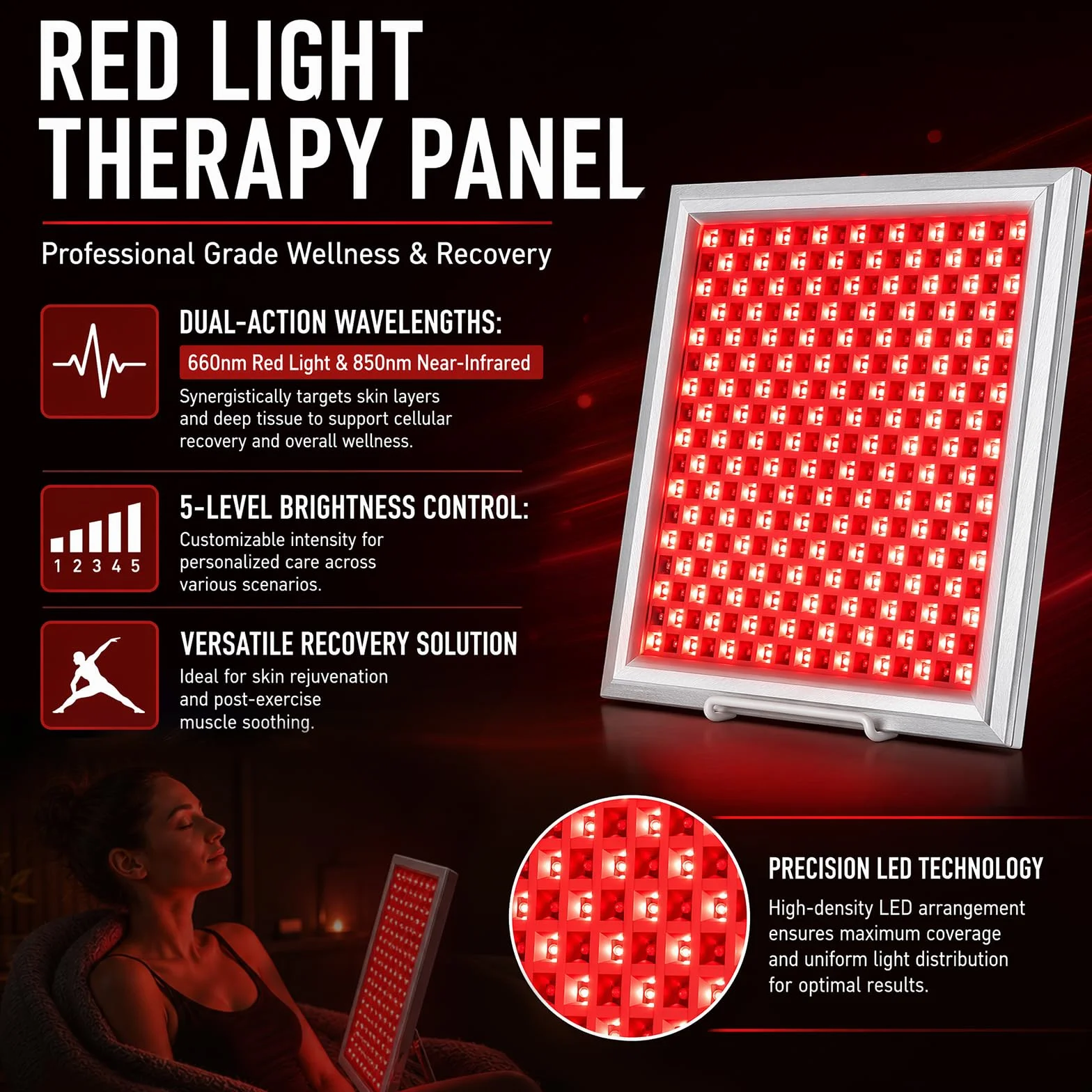 289 LED lampa z czerwonym światłem, 150 W, lampa na podczerwień, 660 nm, 850 nm, panel z 5 poziomami jasności i funkcją timera, zapobiega starzeniu się, bólom mięśni, łącznie z uchwytem, sterowaniem