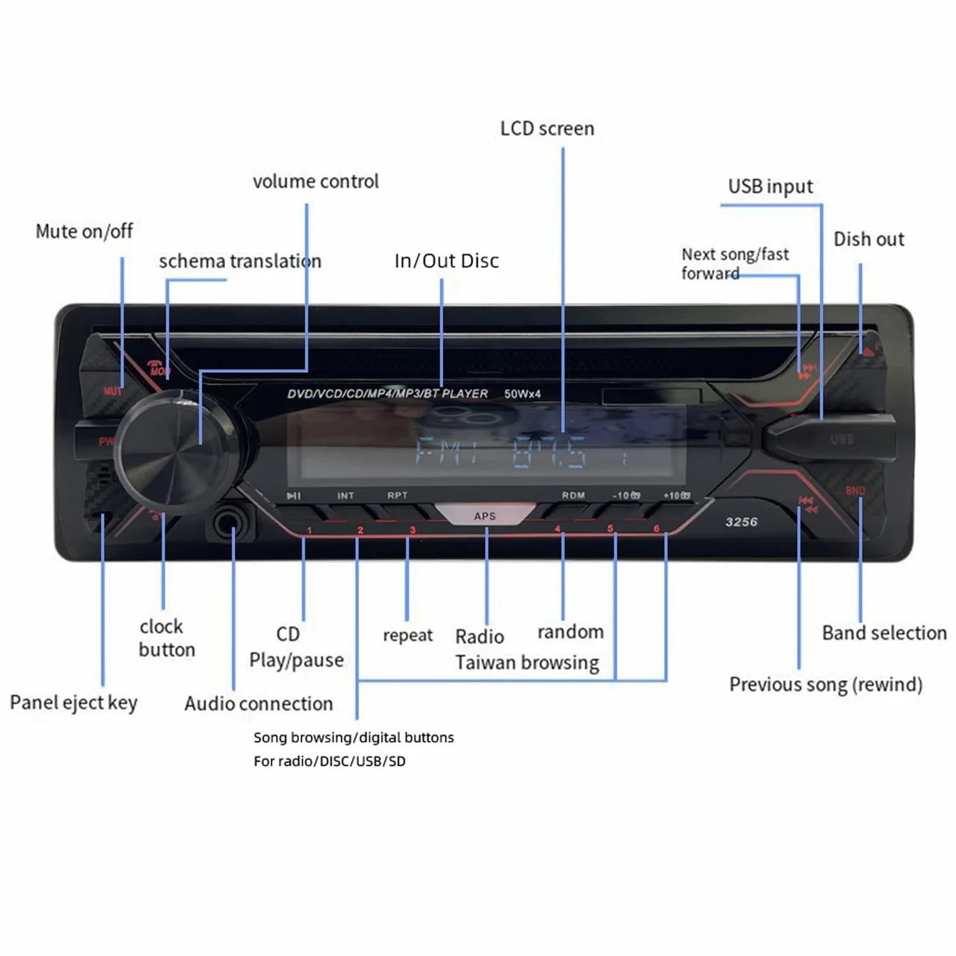 Radio samochodowe 1 Din Bluetooth MP3 z odłączanym panelem Autoradio FM AUX USB SD CD