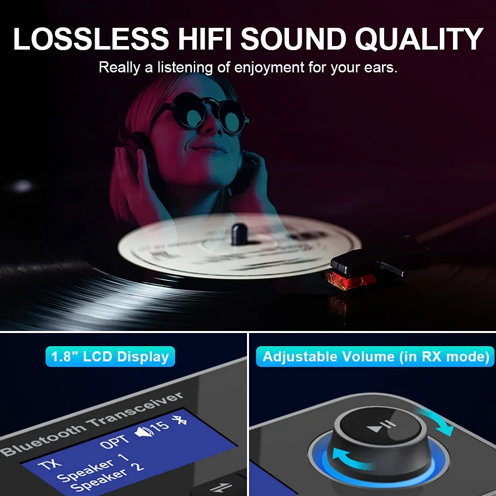 3 w 1 nadajnik Bluetooth 5.0, odbiornik na 2 słuchawki, Bluetooth, adapter audio, niska latencja, transmiter Bluetooth z przełącznikiem, regulacja głośności, AUX, optyczny, RCA do telewizora
