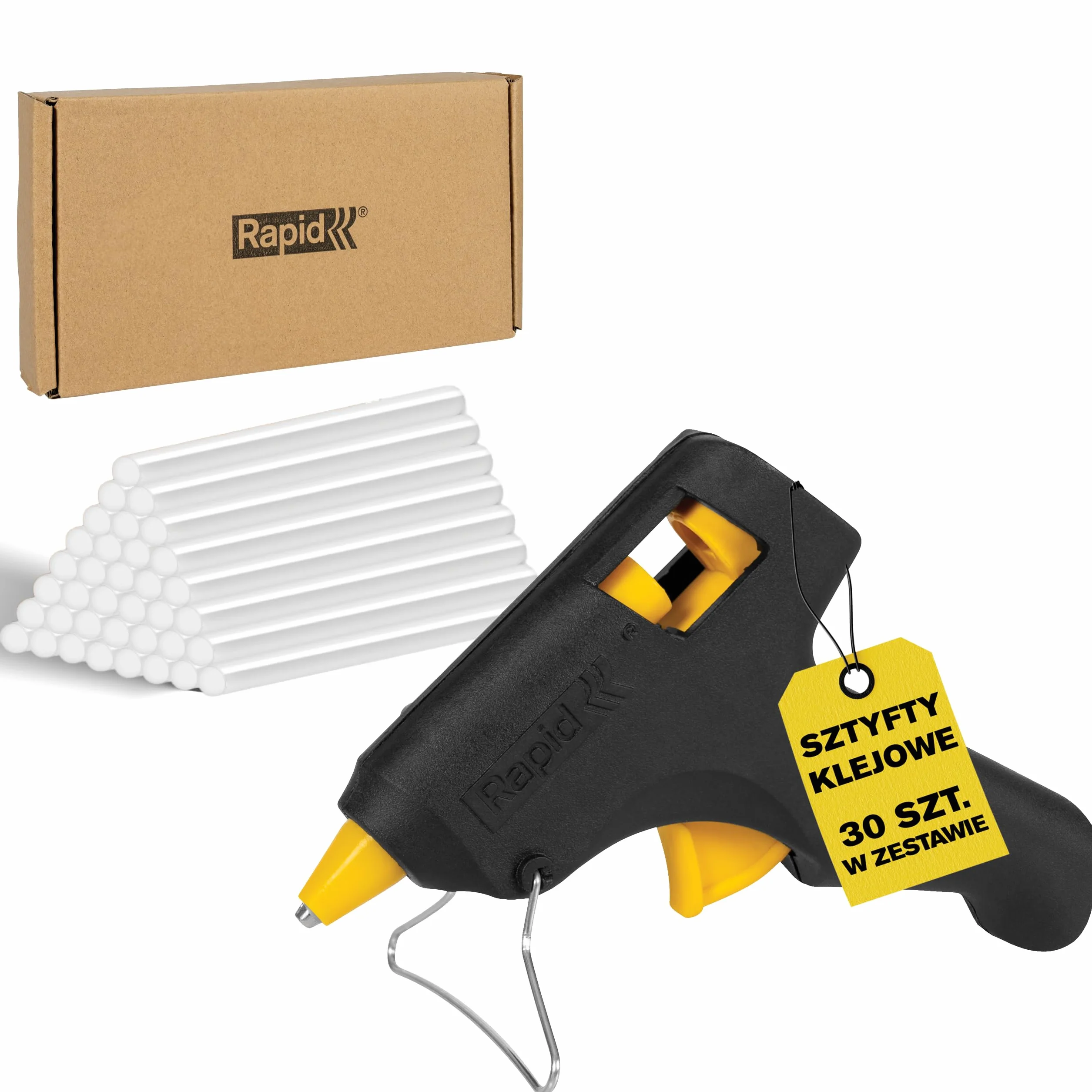 Pistolet do Kleju na Gorąco Rapid Hobby + 30 Sztyftów Klejowych – Pistolet do Klejenia 7 mm Do Rękodzieła, Sztuki i Rzemiosła, Napraw – Wydajność 100 g/h, Nagrzewanie w 10 Min., 2-letnia Gwarancja