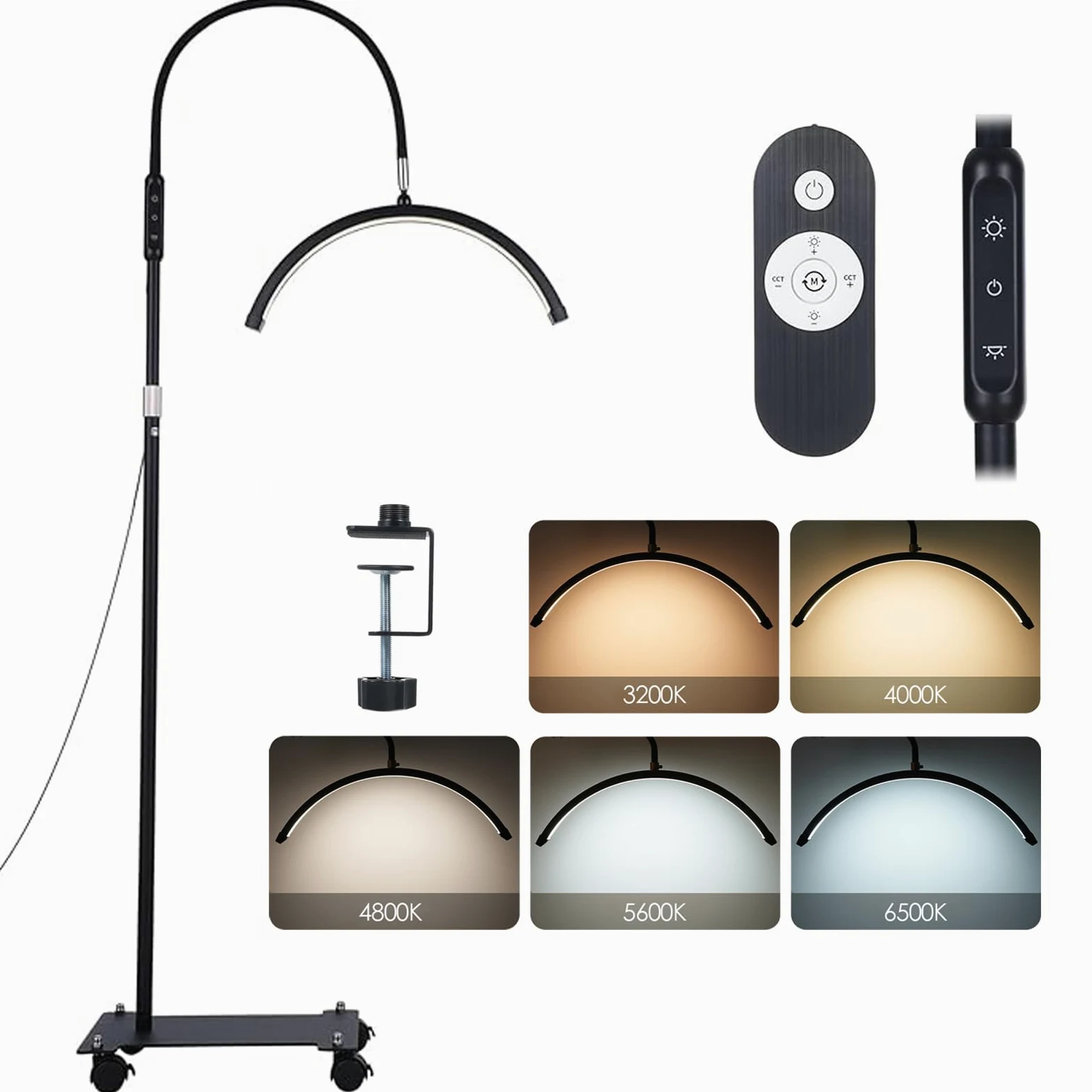 18-calowa lampa kosmetyczna półksiężycowa - ruchoma lampa do stóp z kółkami, 192 diodami LED, 5 kolorów i 5 poziomami jasności, z pilotem i zaciskiem, do przedłużania rzęs / projekt Ong