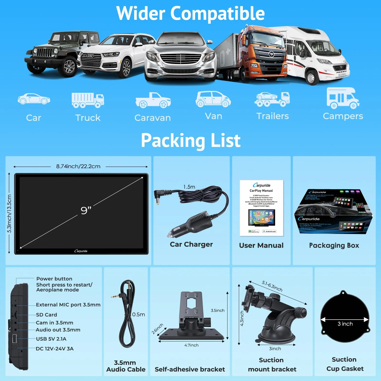 CARPURIDE W901 Plus, CarPlay & Android Auto, wbudowany GPS, system Android 12 2+32 GB, 9-calowy ekran HD, G00GLE Play, Bluetooth Audio, Mirror Link, GPS