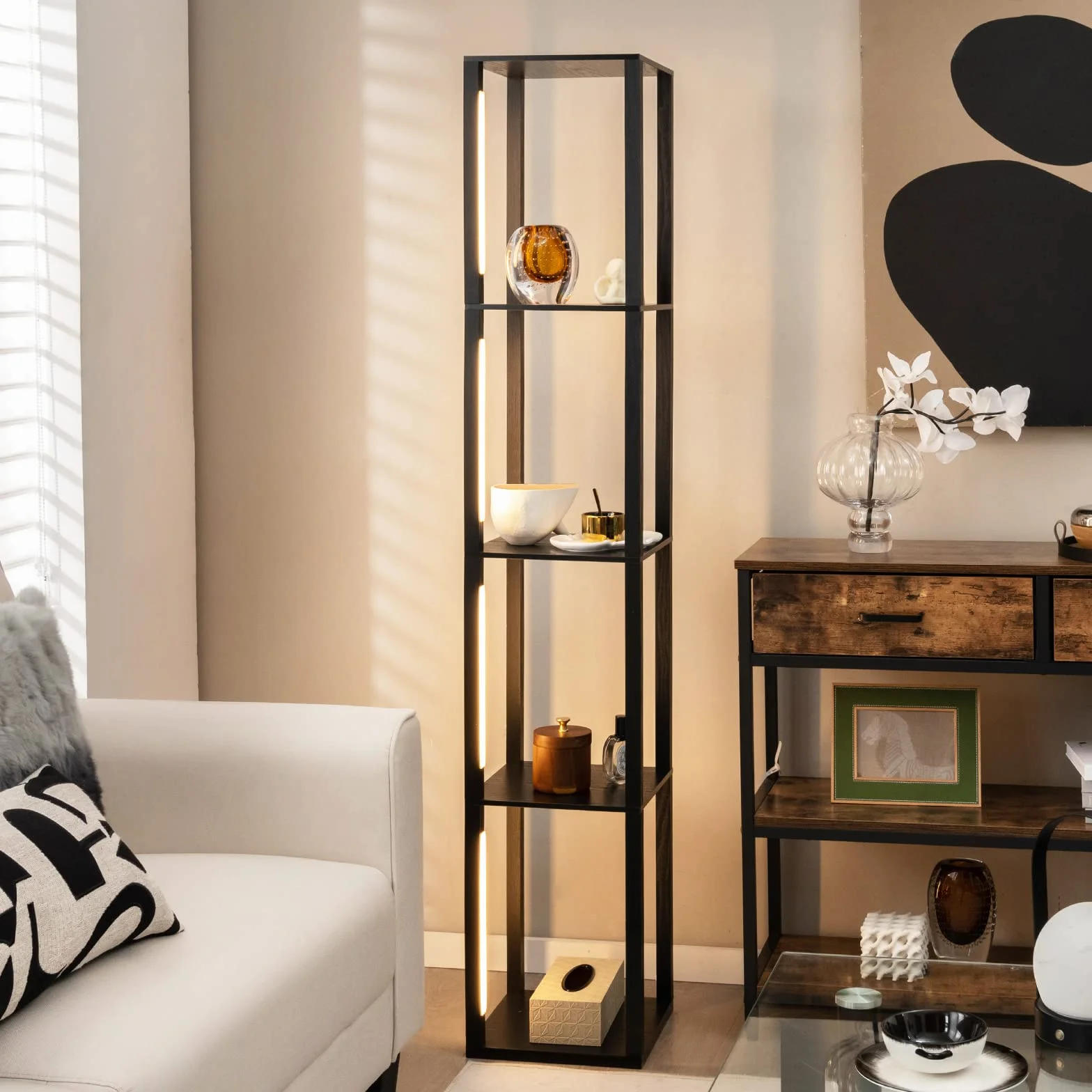 COSTWAY Lampa stojąca 163 cm, nowoczesna, regał do odkładania z 3-stopniowymi ściemnianymi diodami LED i obrotowymi drążkami, lampa stojąca z przełącznikiem nożnym do salonu, sypialni, czarna