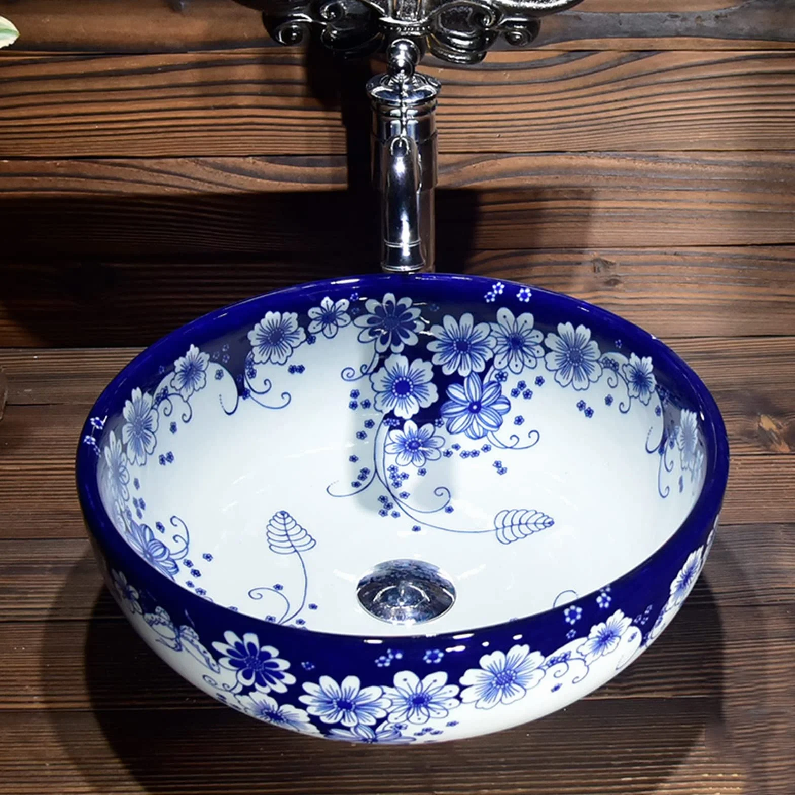 Umywalka Łazienkowa W Chińskiej Tradycji, Niebiesko-Biała, Porcelanowa, Okrągła, Ceramiczna Umywalka Nablatowa, Umywalka Nablatowa Do Łazienki