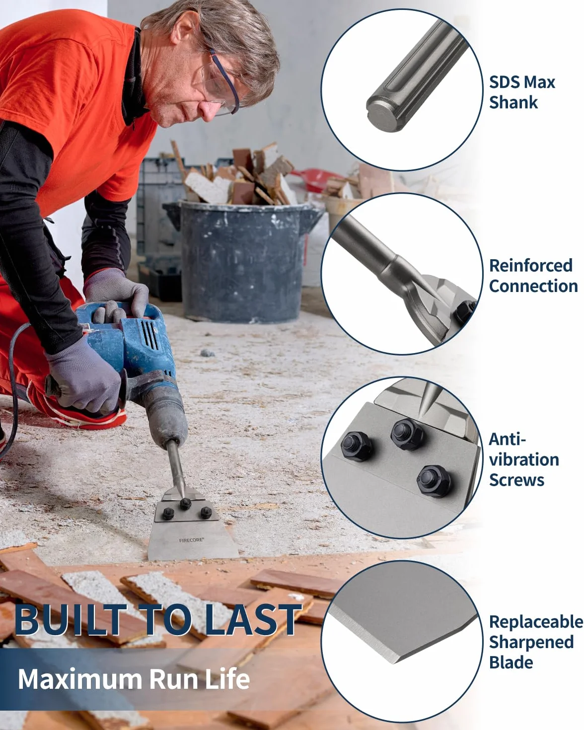 Firecore SDS Max ściernica z łopatą zapasową, dłuto szpachlowe 320mm × 140mm, ostrza do ścierki SDS Max, środek do usuwania kleju do podłóg winylowych VCT, płytek, linoleum, zaprawy betonowej